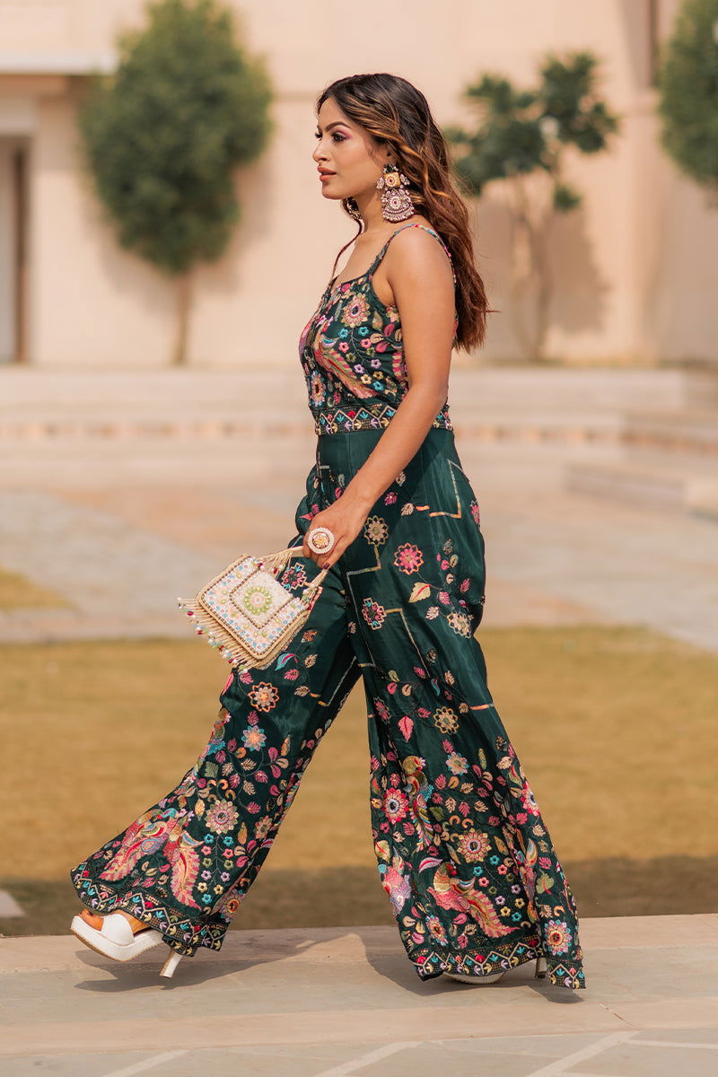 Green Gaji Silk Jumpsuit with Intricate Bird Motif Embroidery - Mayrake - 