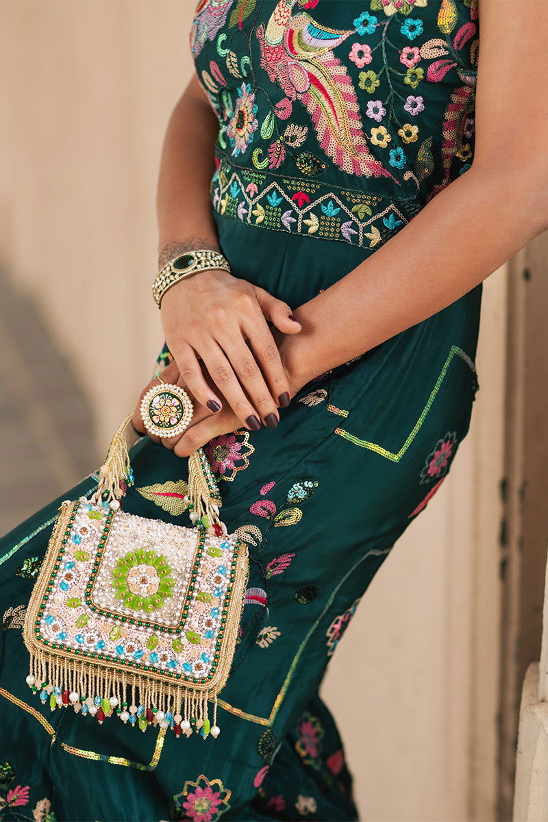 Green Gaji Silk Jumpsuit with Intricate Bird Motif Embroidery - Mayrake.in