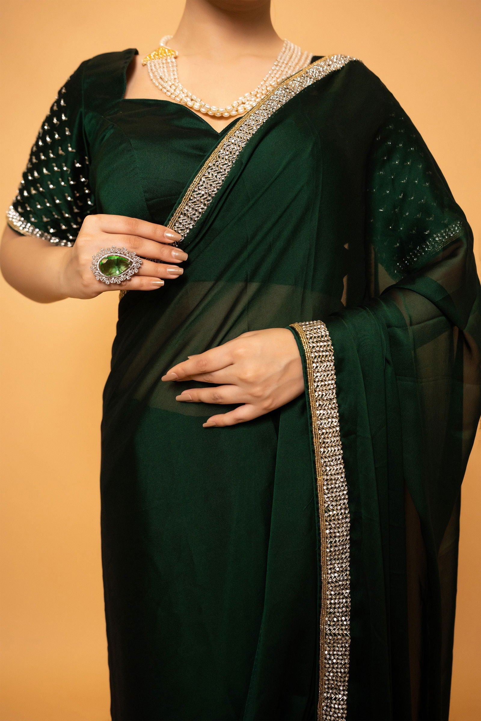 Green Georgette Saree With Swarovski Work - Mayrake.in