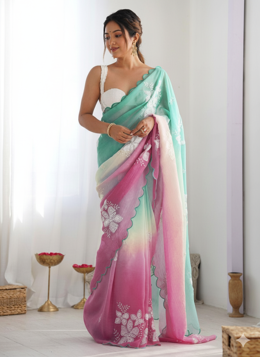 Green Magenta Pastel-Shaded Soft Chinon Silk Saree with Sequin Embroidery and Khatli Work Border - Mayrake.in
