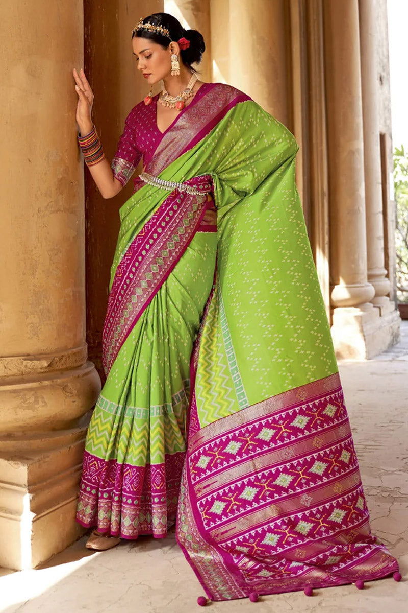 Green Magenta Raw Silk Saree with Patola Design - Mayrake.in