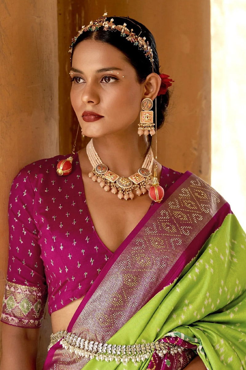 Green Magenta Raw Silk Saree with Patola Design - Mayrake.in