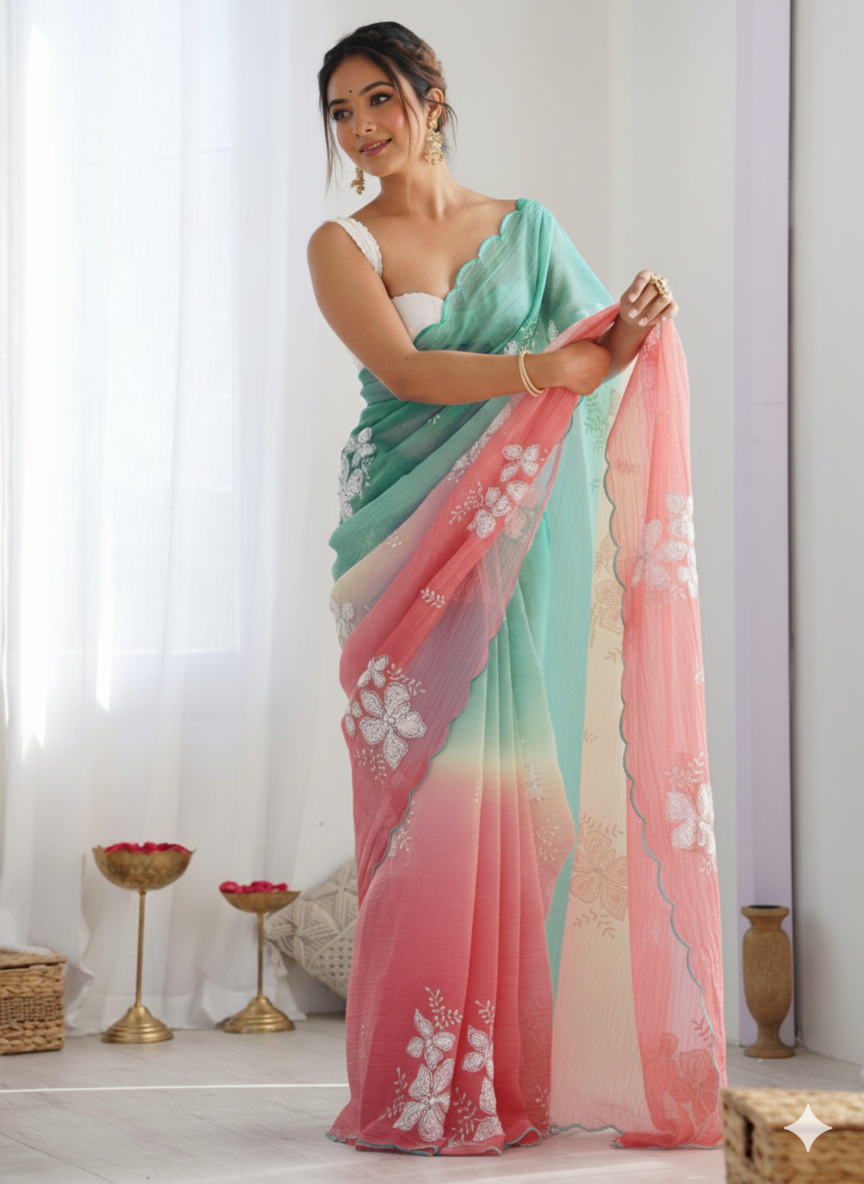 Green Pink Pastel-Shaded Soft Chinon Silk Saree with Sequin Embroidery and Khatli Work Border - Mayrake.in