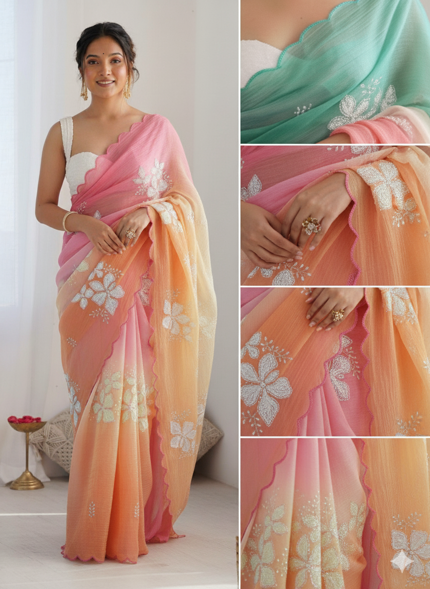 Green Pink Pastel-Shaded Soft Chinon Silk Saree with Sequin Embroidery and Khatli Work Border - Mayrake.in