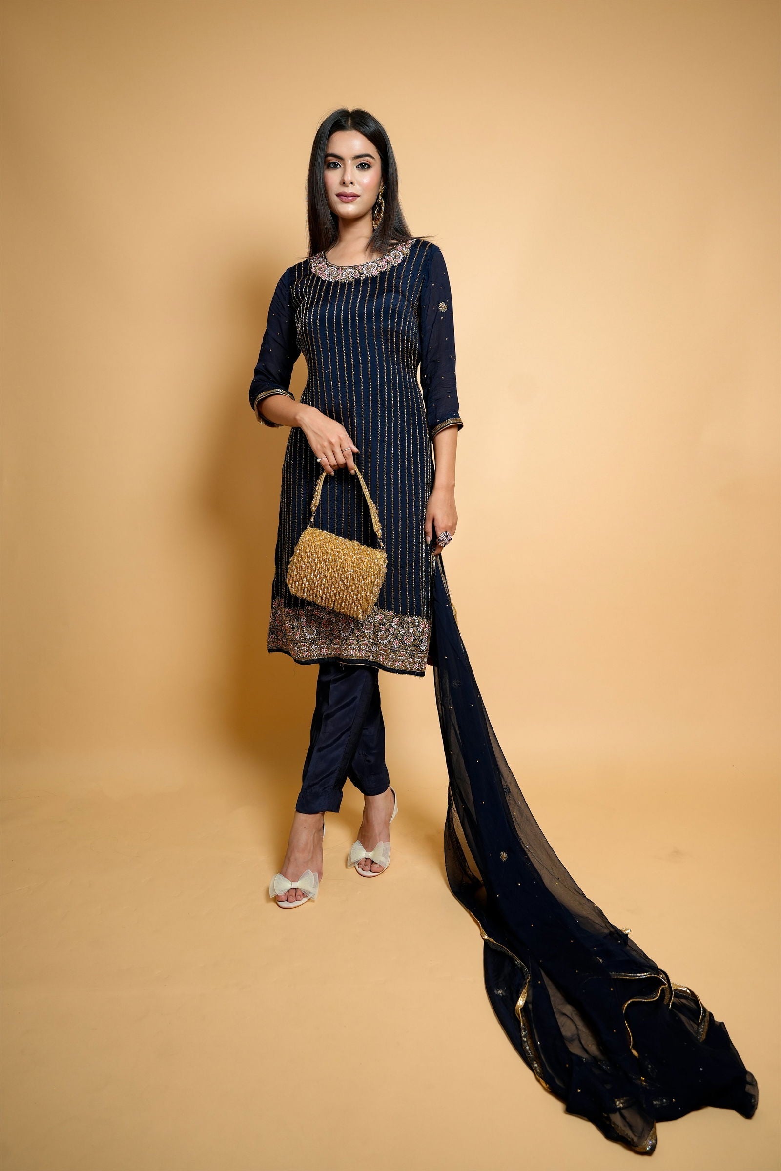 Hand-Embroidered Dark Blue Organza Suit with Cut Flower and Pearl Details, Includes Designer Pants and Dupatta - Mayrake