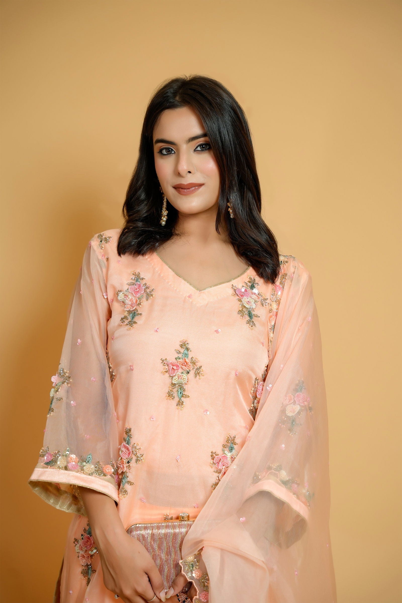 Hand-Embroidered Peach Organza Suit with  Designer Pants and Dupatta - Mayrake