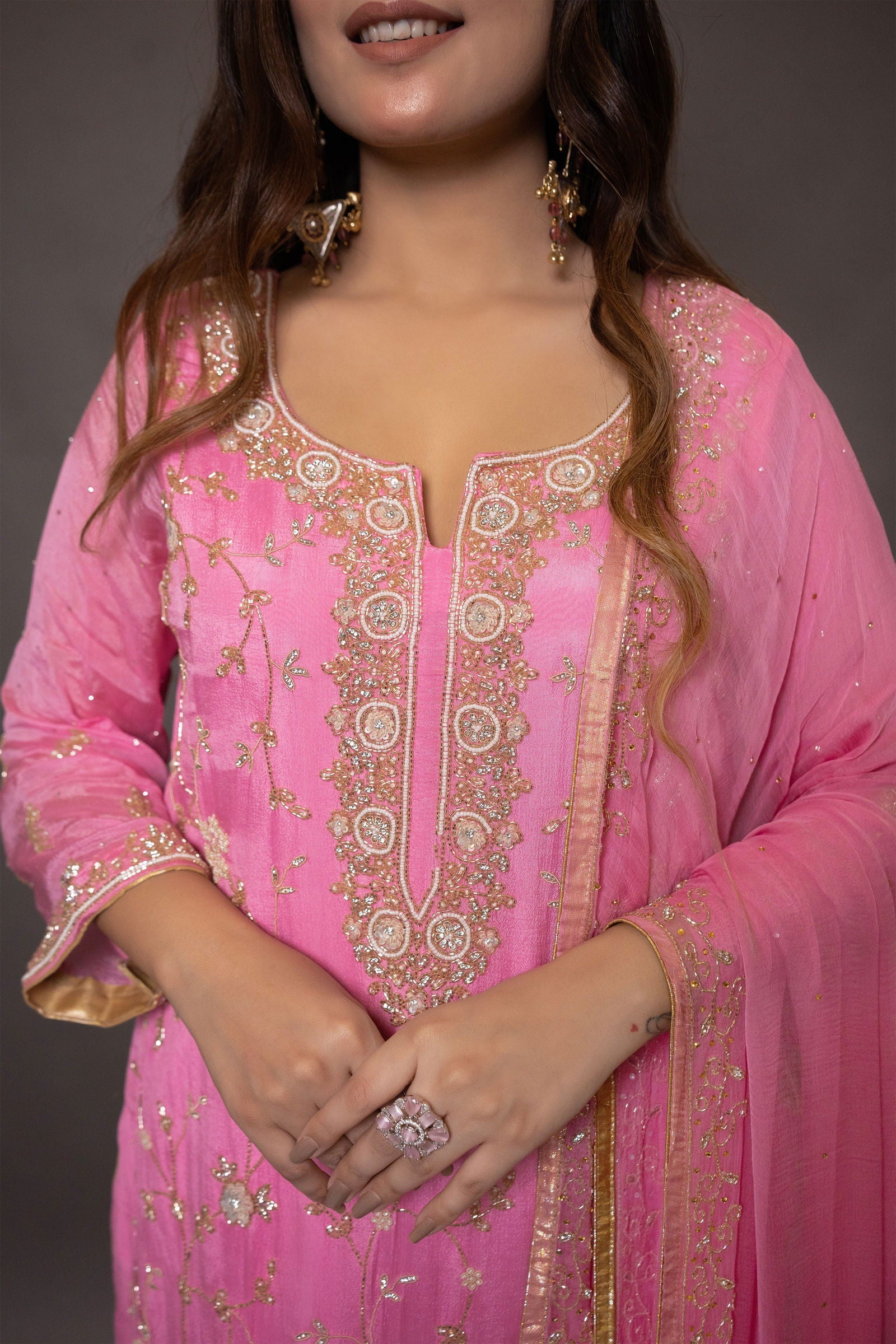 Hand Embroidered Baby Pink Georgette Suit with Heavy Dupatta and Matching Pants - Mayrake
