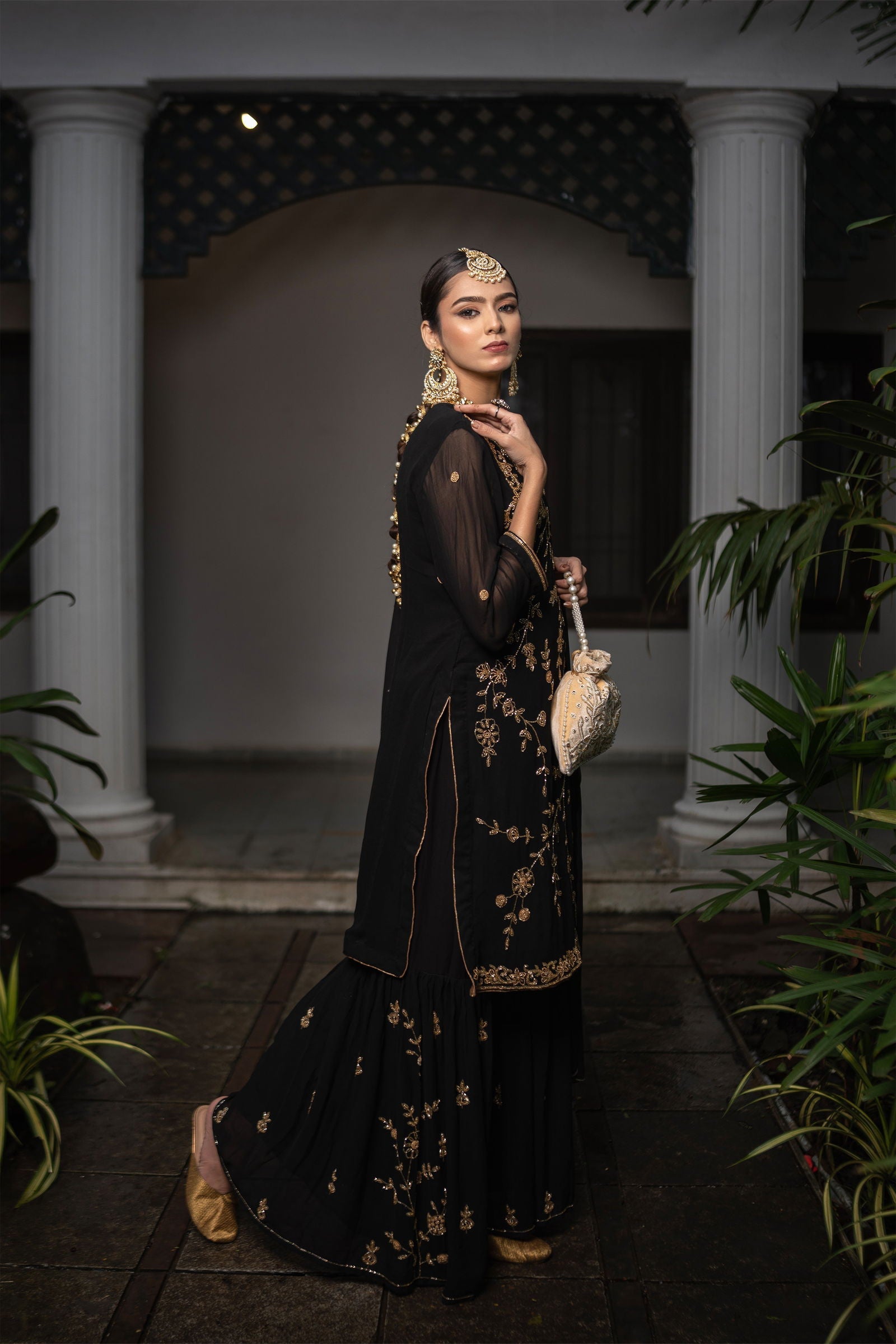 Hand Embroidered Black Zardozi Georgette Suit with Matching Garara and Dupatta - Mayrake