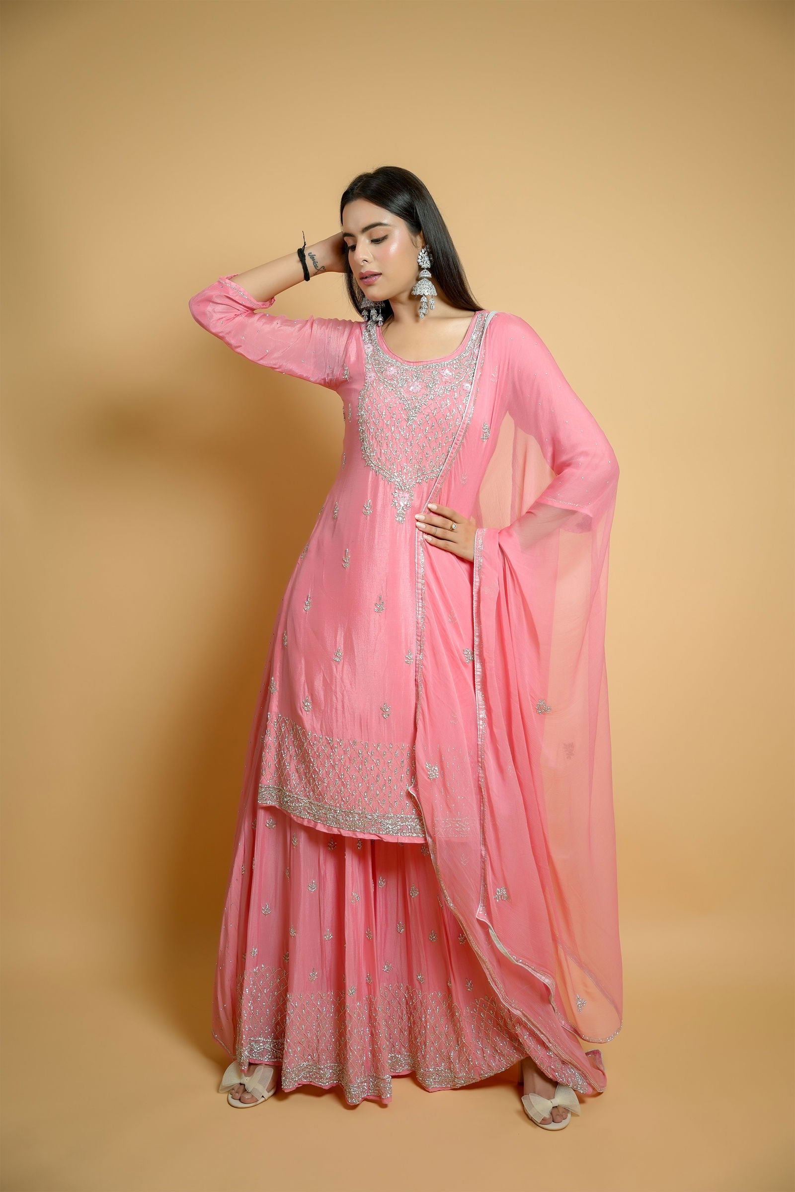 Hand Embroidered Peach Georgette Sharara Suit with Matching Dupatta - Mayrake