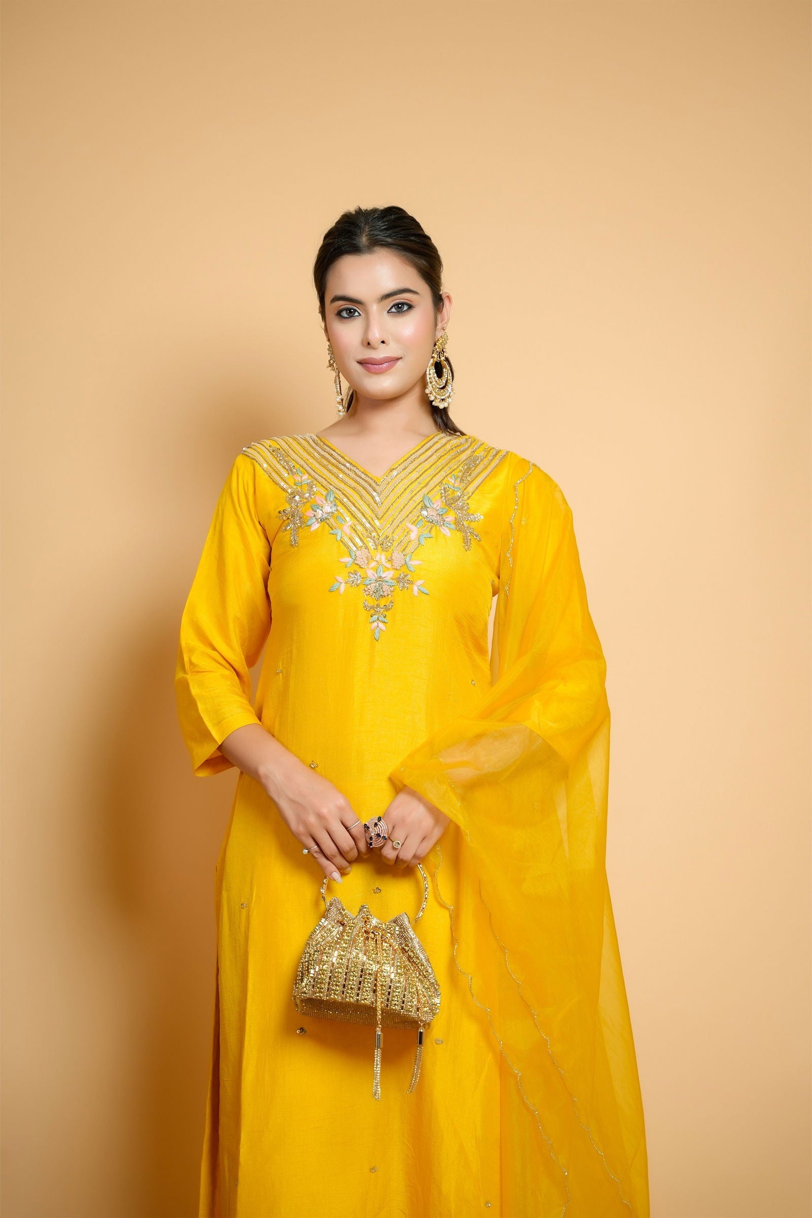 Hand Embroidered Yellow Silk Suit with Pants and Organza Dupatta - Mayrake