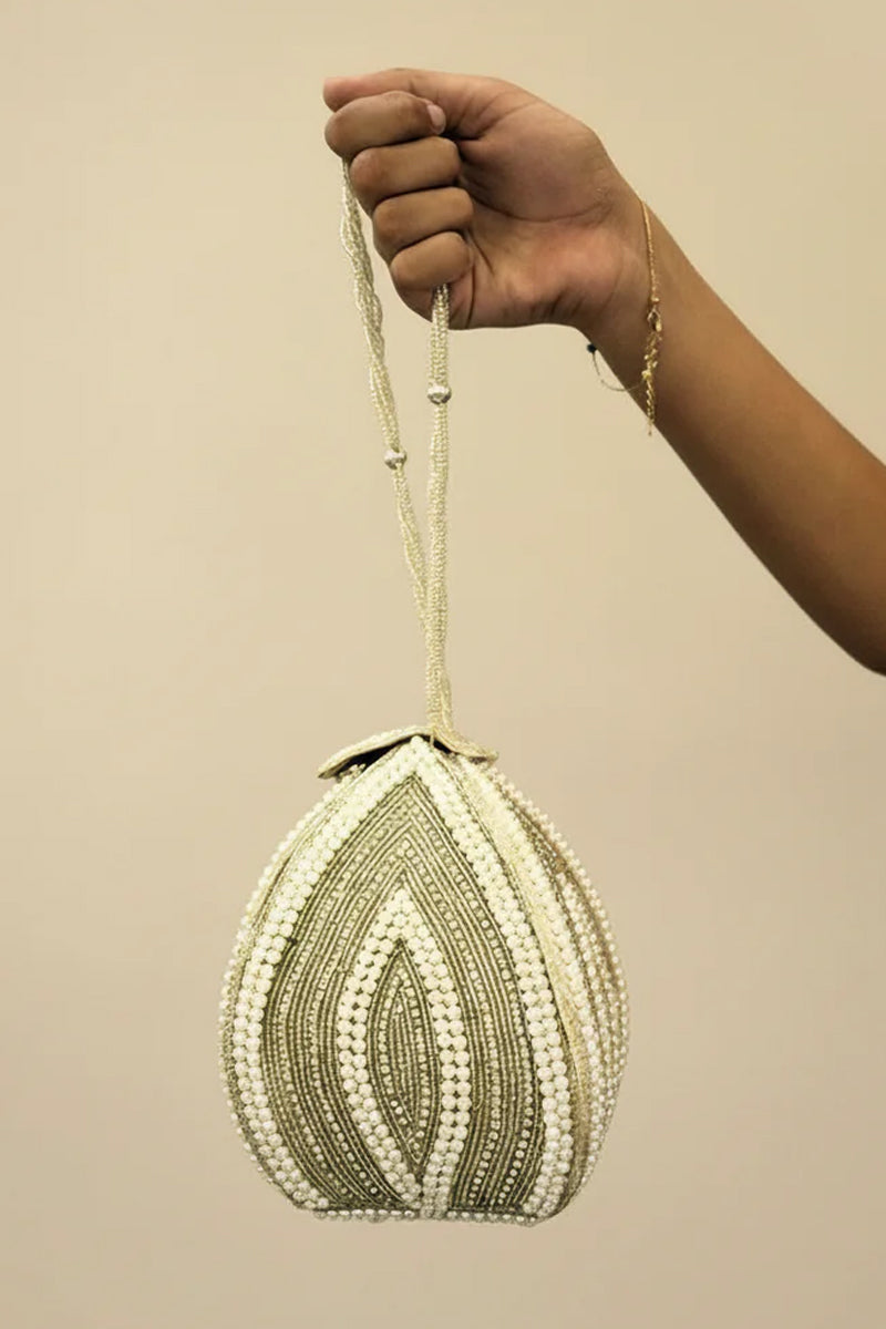 White Pearl with Swarovski Frame Potli and Handmade Pearl Handle