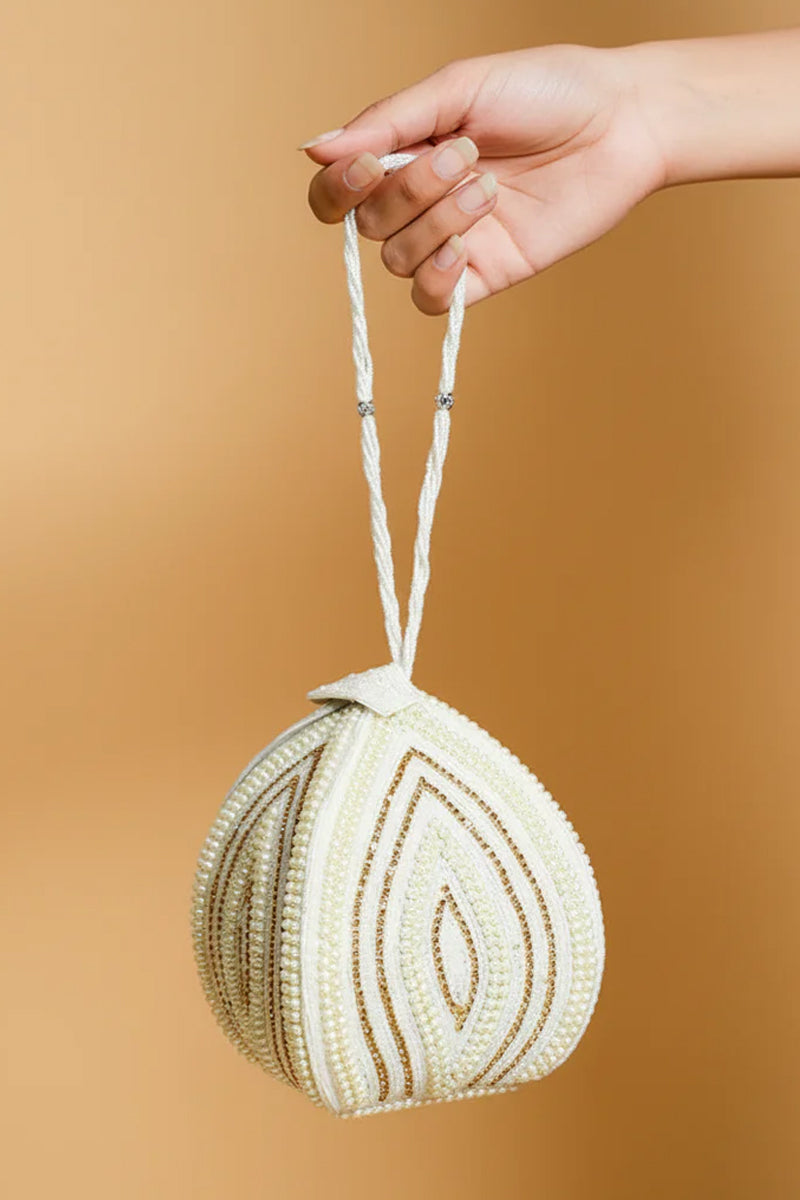 Rose Gold Pearl with Swarovski Frame Potli and Handmade Pearl Handle