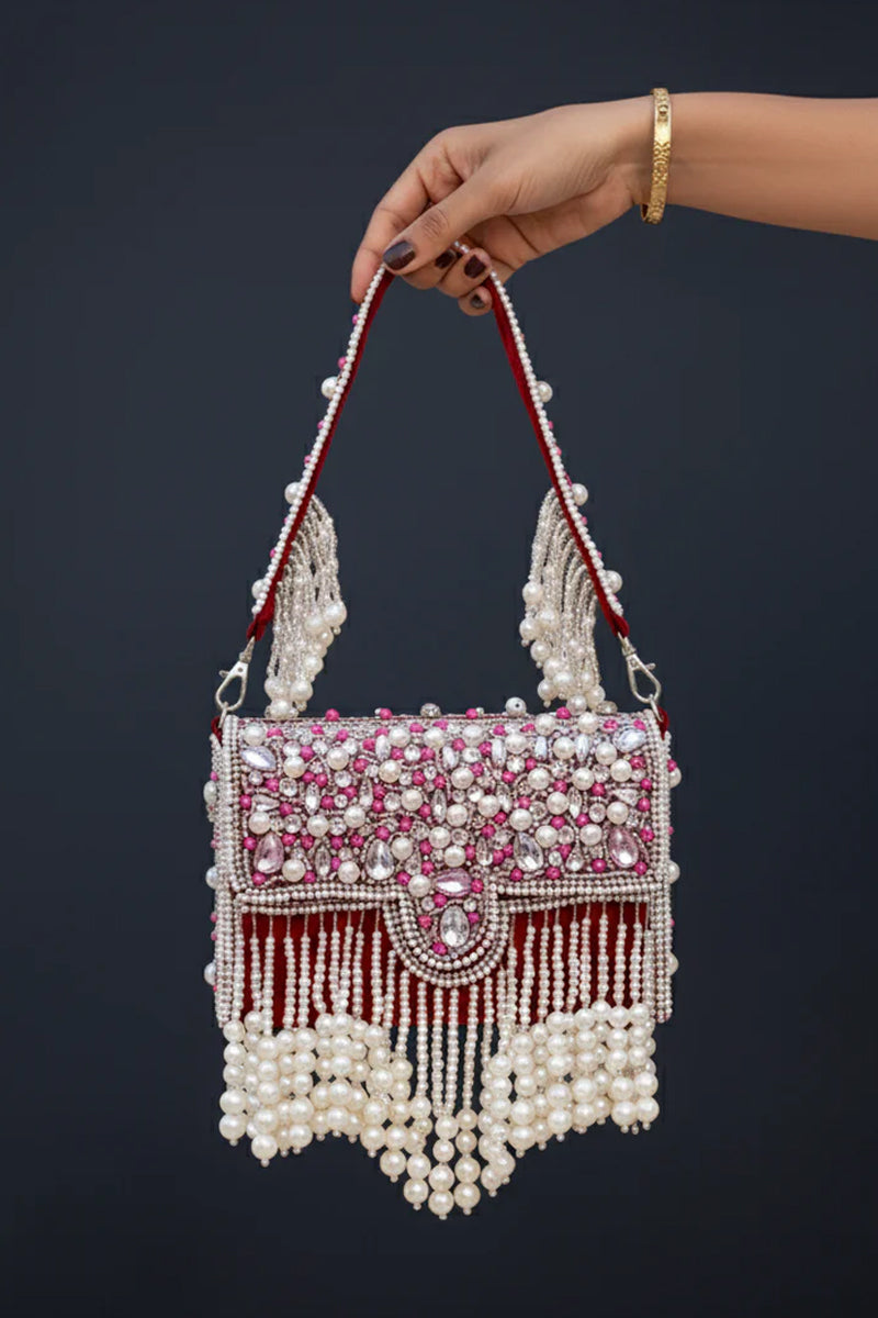 Zari Adorned Maroon Handbag with Pink Beads, Pearls, and Tassel