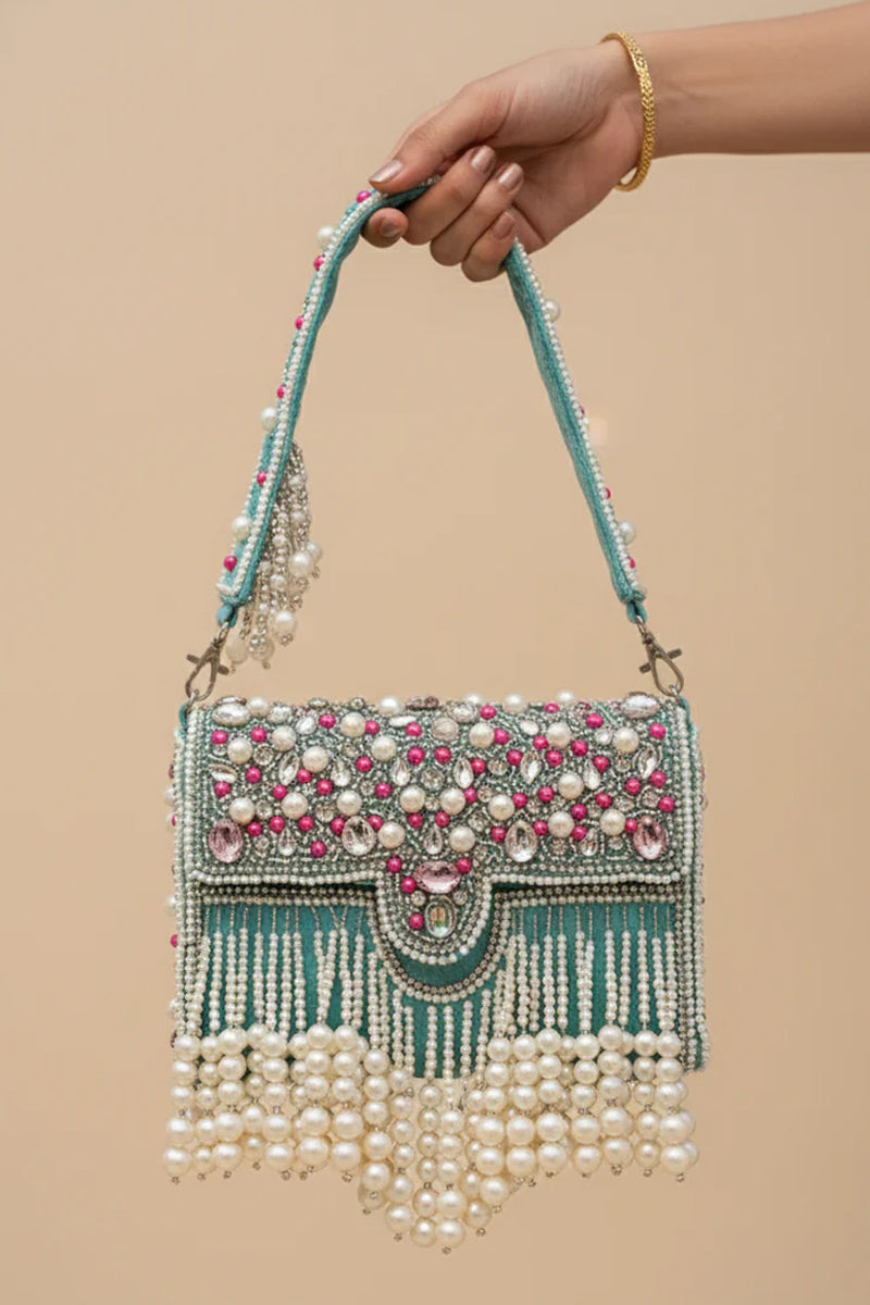 Zari Adorned Sea Blue Handbag with Pink Beads, Pearls, and Tassel