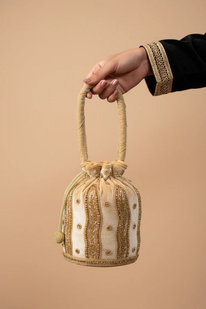 Beige Color Hanging Potli with Golden Beads and Zari Designs with Velvet Base