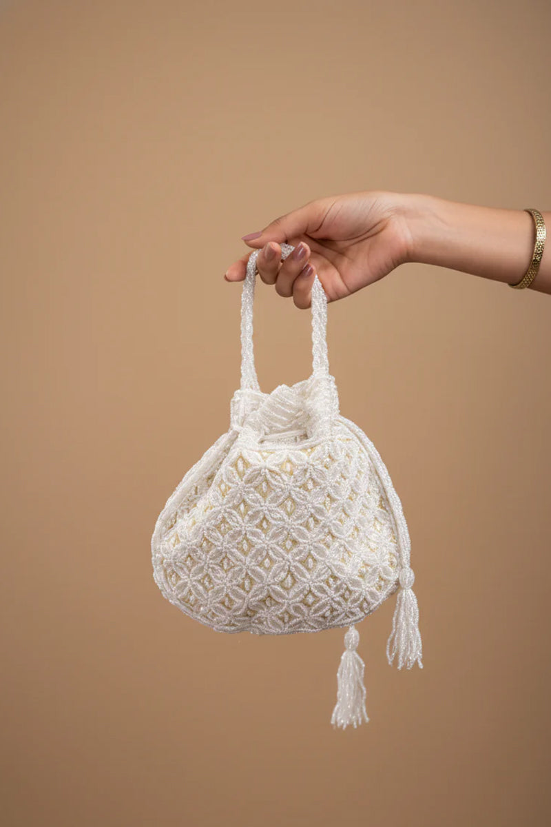 Milky White Potli with Pearl and Golden Thread Work