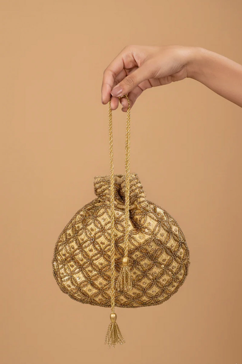 Golden Color Potli with Full Gold Pearls and Sequin Work