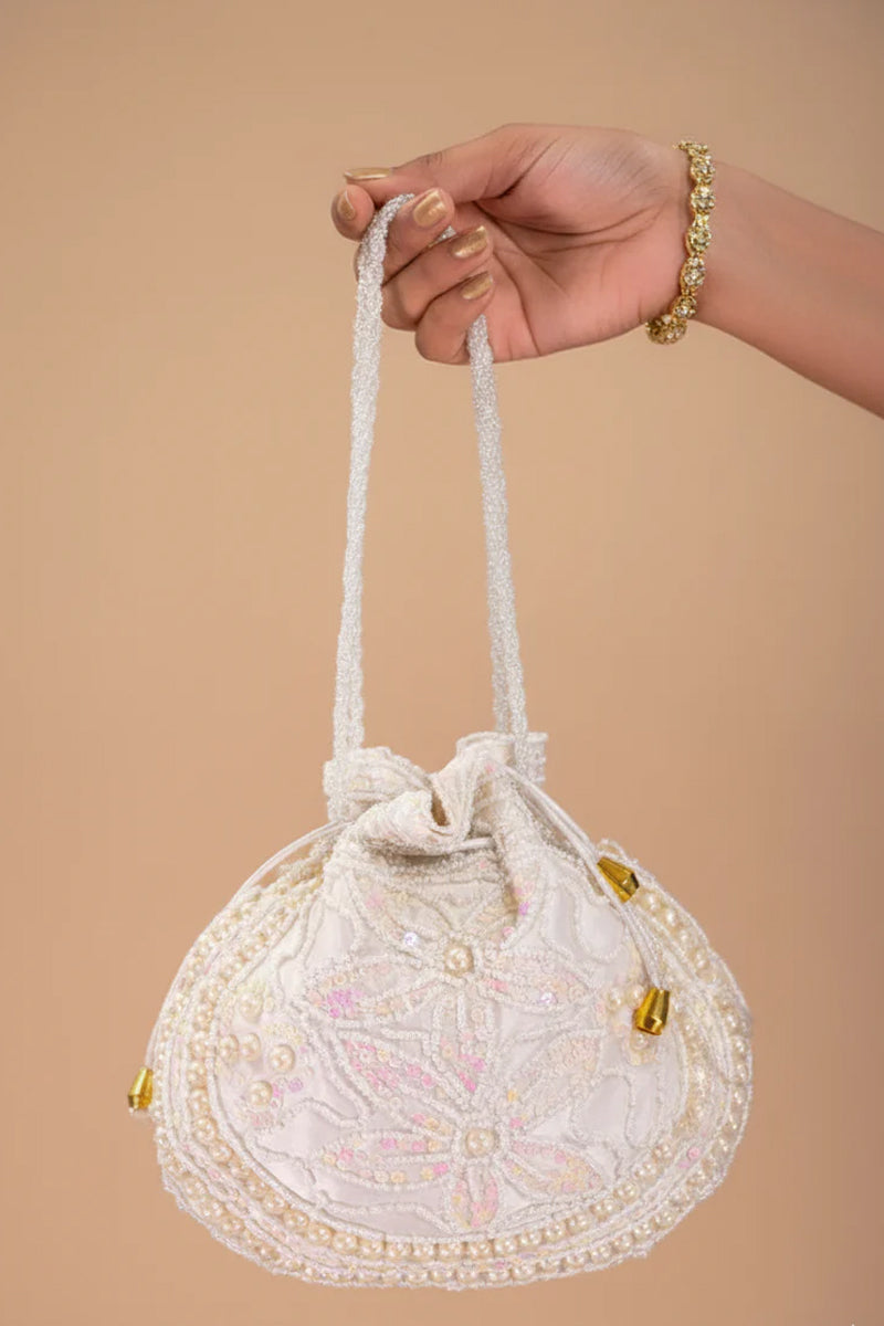Ivory Cream Potli with Handmade Pearl and Sequin Design