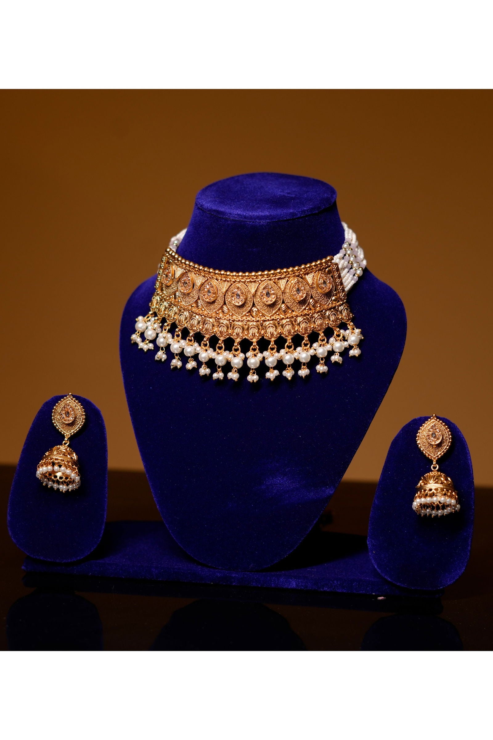 Handcrafted Gold Choker with Stone and Pearl and Matching Earrings - Mayrake