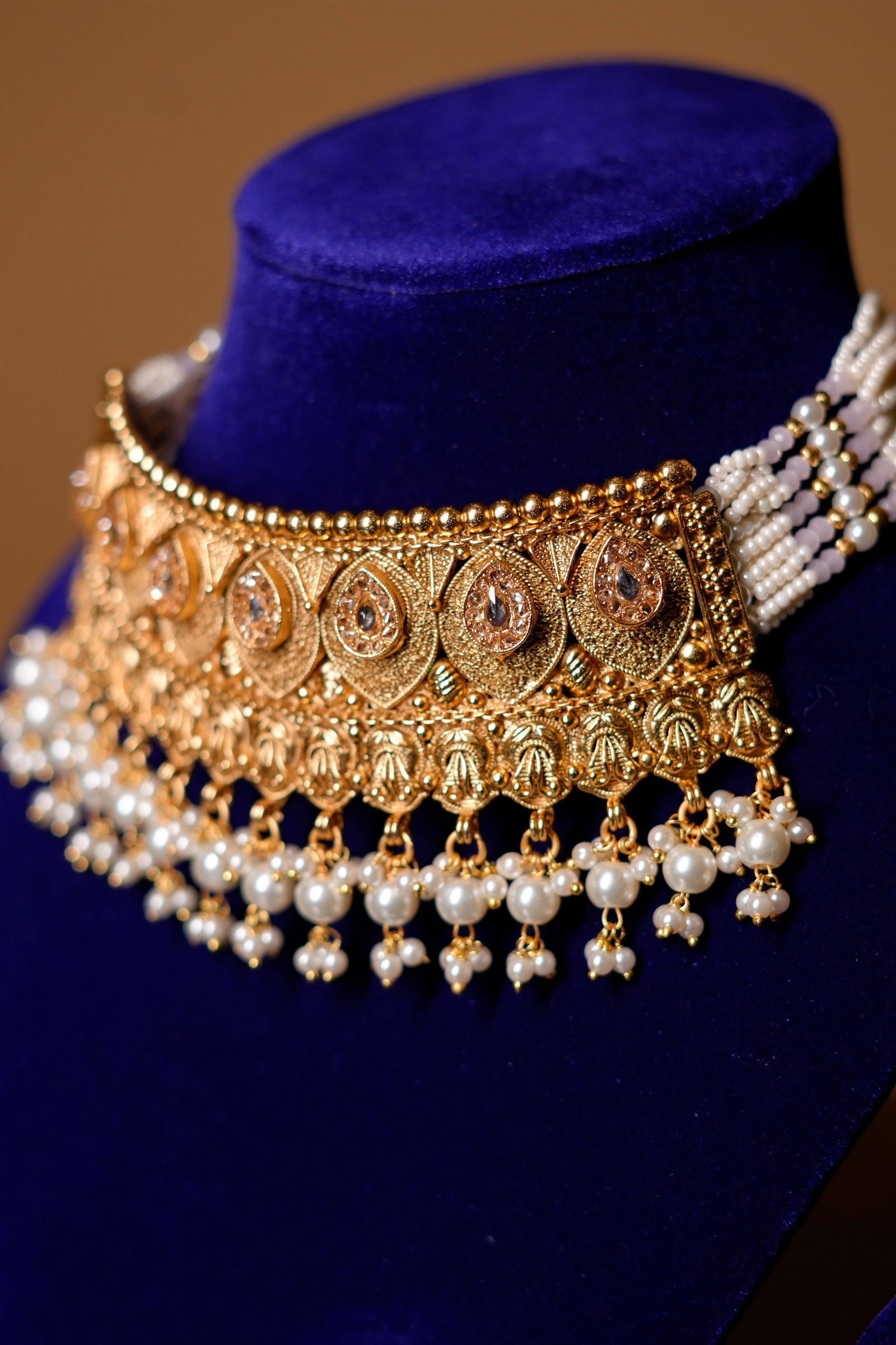 Handcrafted Gold Stone and Pearl Choker with Matching Earrings - Mayrake.in