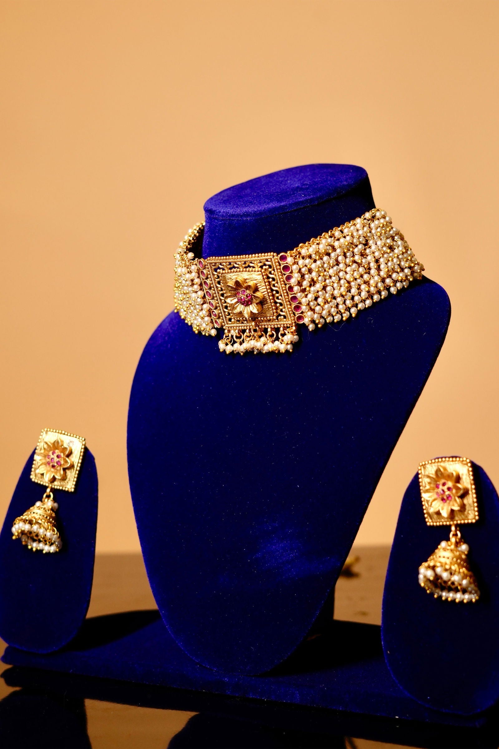 Handcrafted Matte Finish Gold Pearl Choker with Meenakari and Earrings - Mayrake