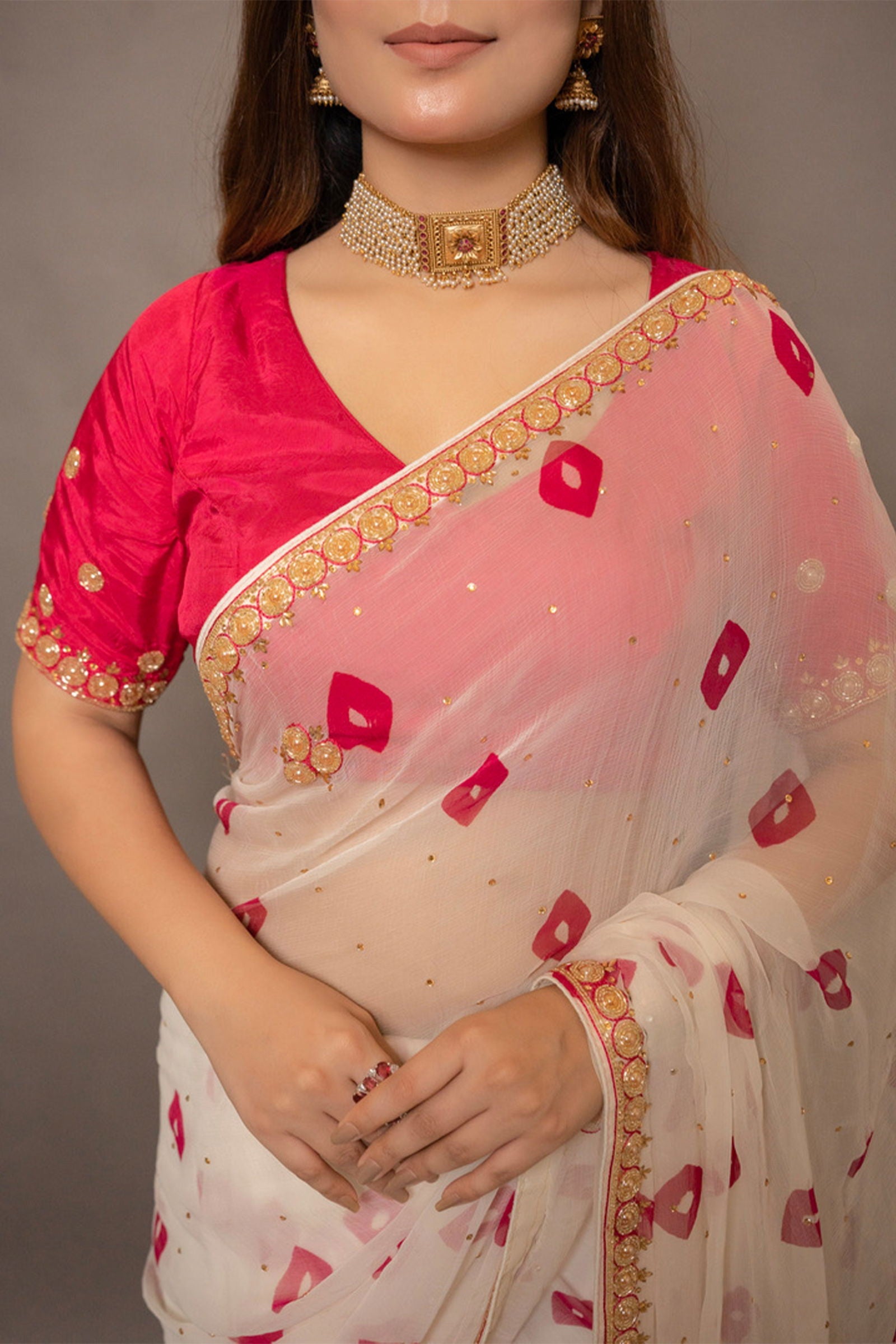 Handcrafted Matte Finish Gold Pearl Choker with Meenakari and Earrings - Mayrake