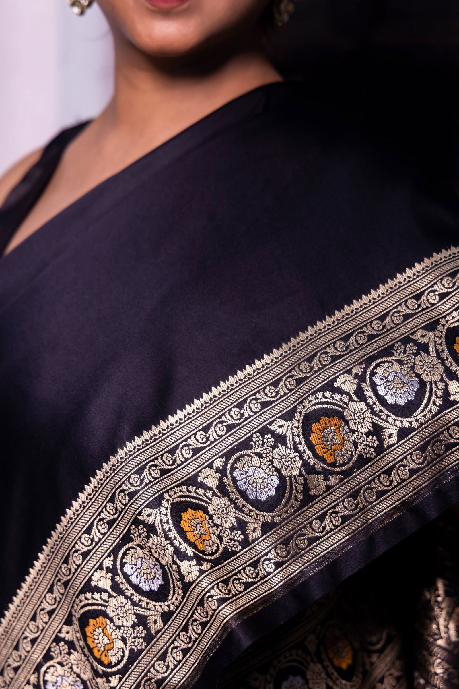 Handloom Black Mashru Satin Silk Banarasi saree - Mayrake.in