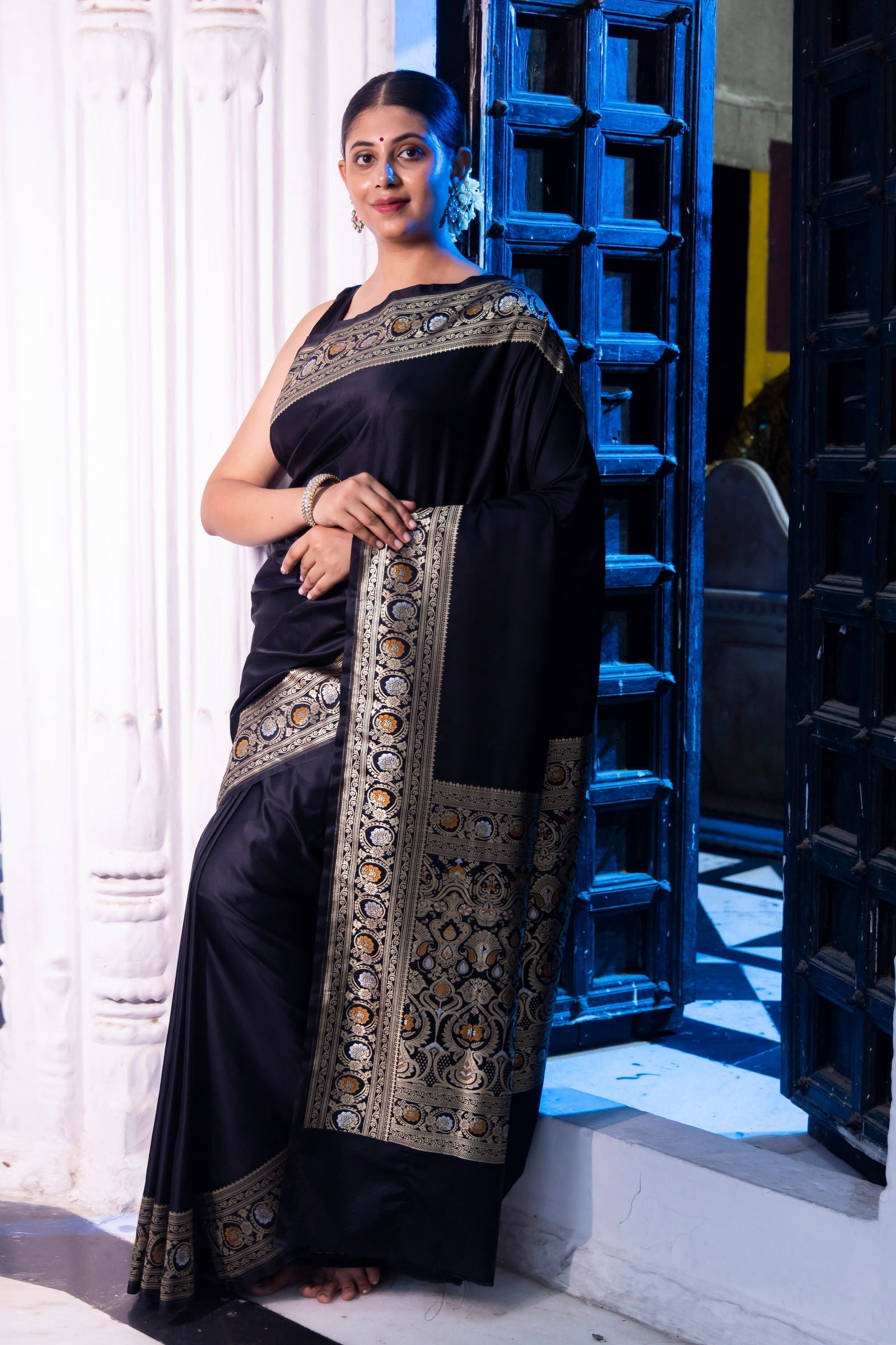 Handloom Black Mashru Satin Silk Banarsi saree - Mayrake