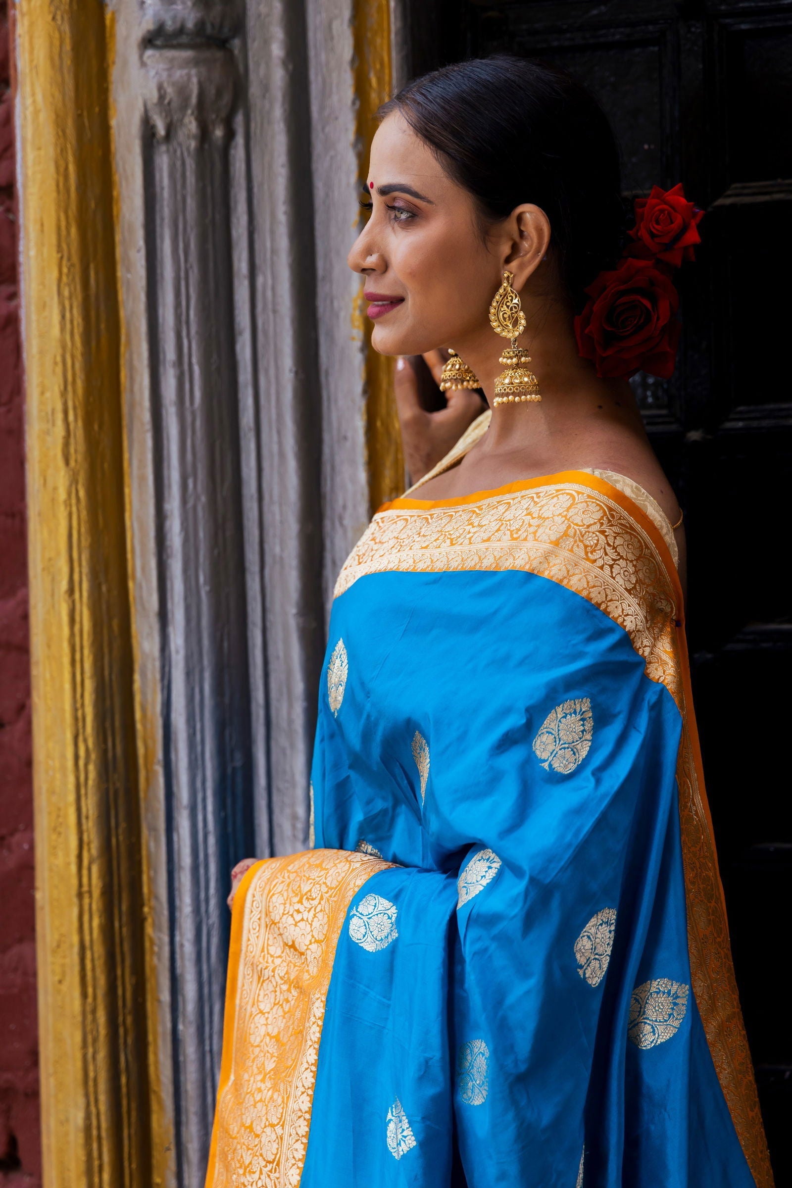 Handloom Dark Sky Blue Pure Katan Silk Banarasi Saree - Mayrake.in