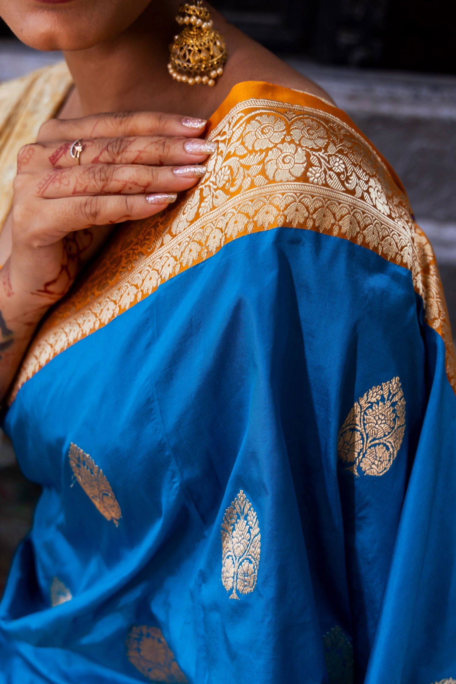 Handloom Dark Sky Blue Pure Katan Silk Banarasi Saree - Mayrake.in