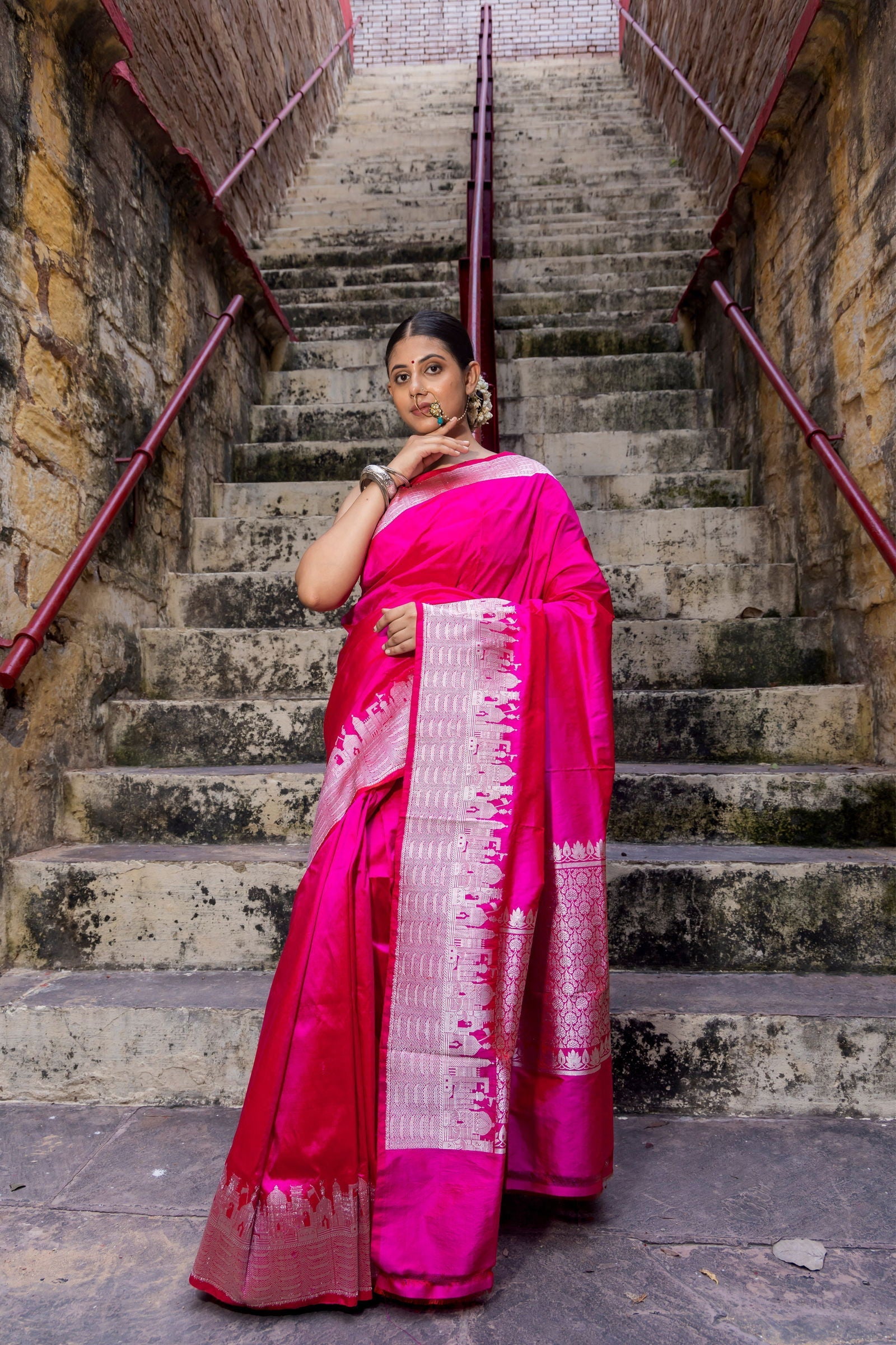 Handloom Hot Pink Katan Ghat Border Banarasi Saree - Mayrake.in