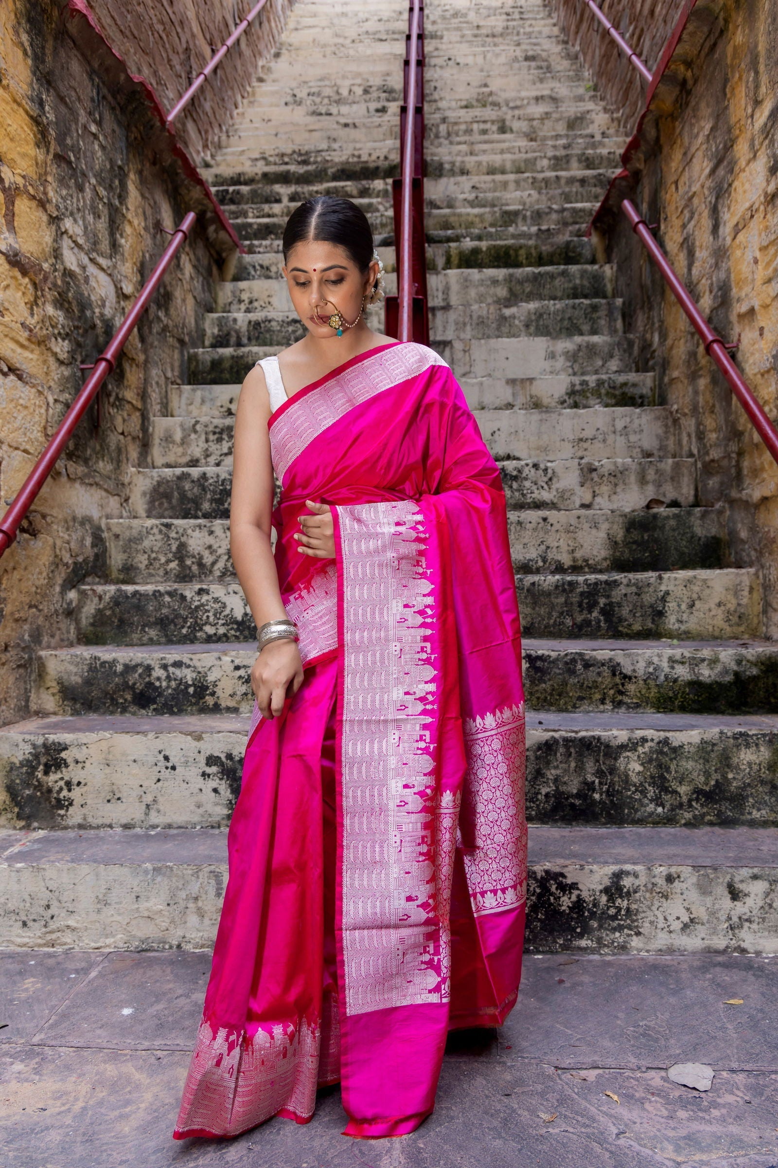 Handloom Hot Pink Katan Ghat Border Banarasi Saree - Mayrake.in