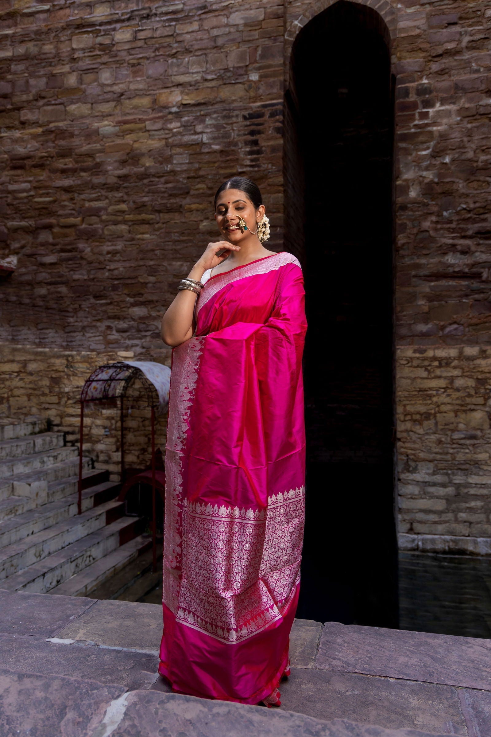 Handloom Hot Pink Katan Ghat Border Banarasi Saree - Mayrake.in