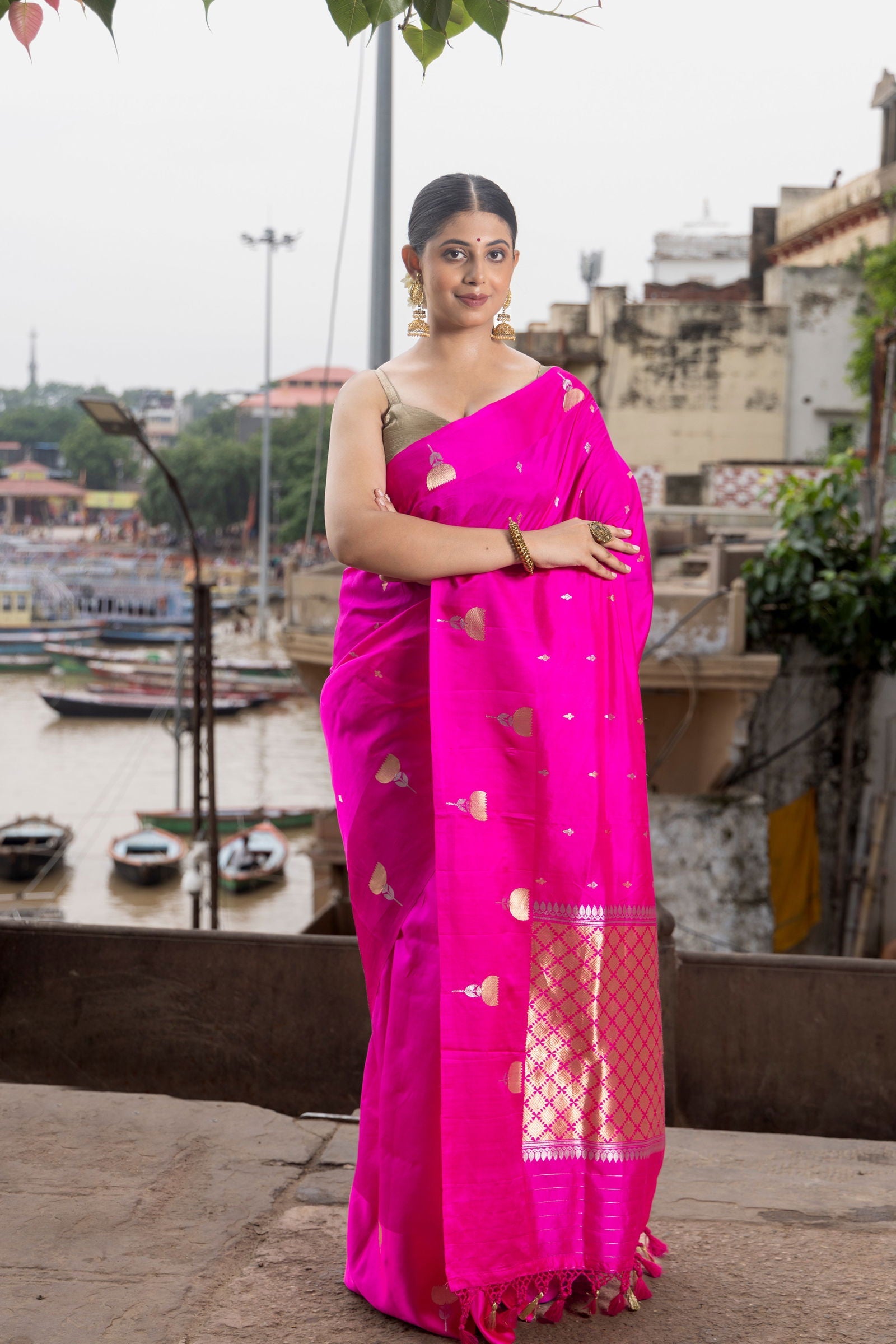Handloom Hot Pink Pure Katan Silk Banarsi Saree - Mayrake