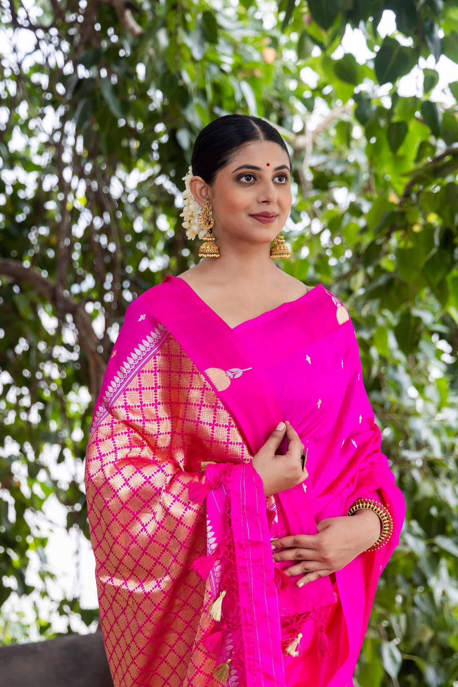 Handloom Hot Pink Pure Katan Silk Banarsi Saree - Mayrake