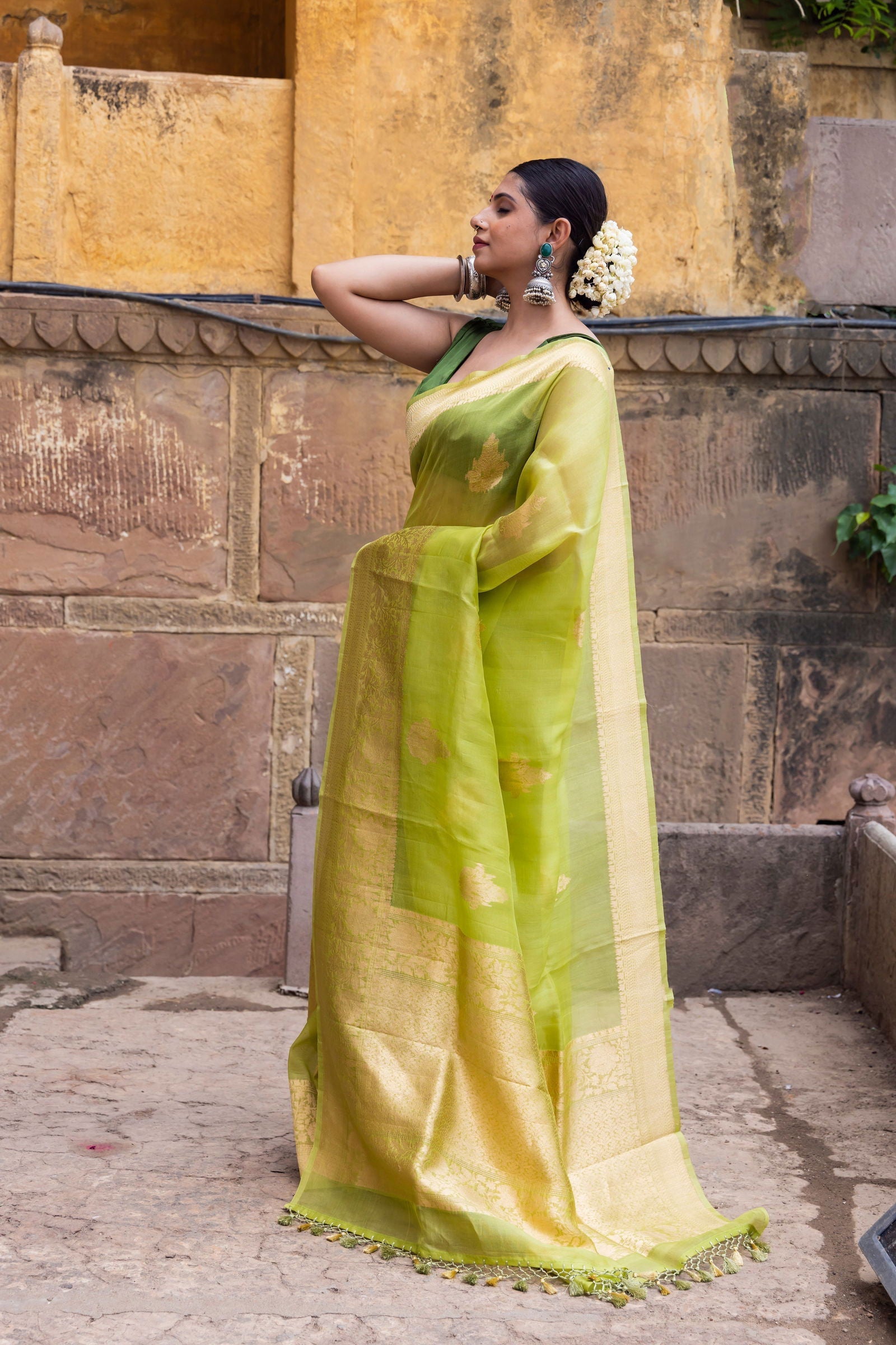 Handloom Parrot Green Pure Kora Organza Banarasi Saree - Mayrake.in