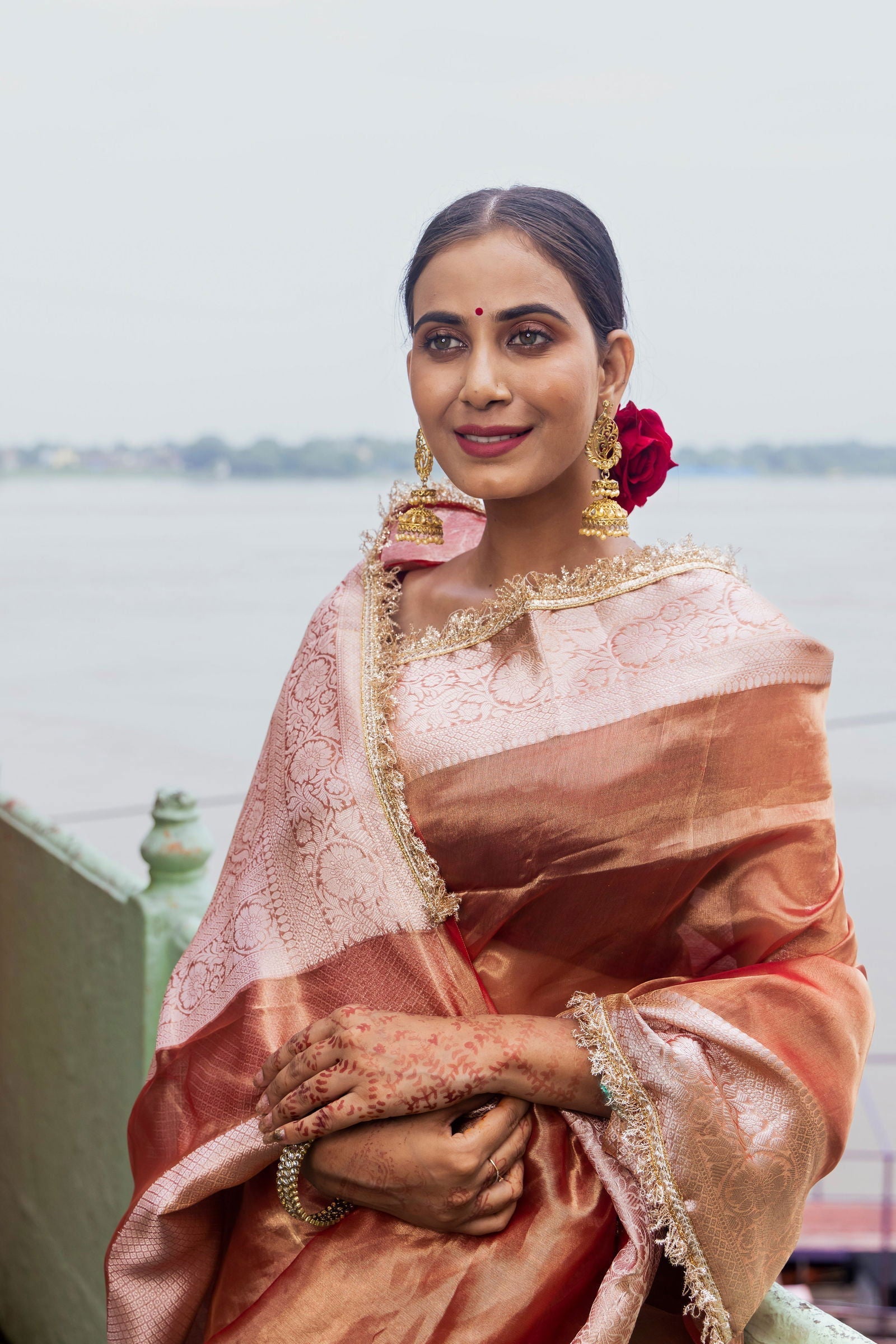 Handloom Peach Pure Katan Tissue Silk Banarasi Saree - Mayrake.in