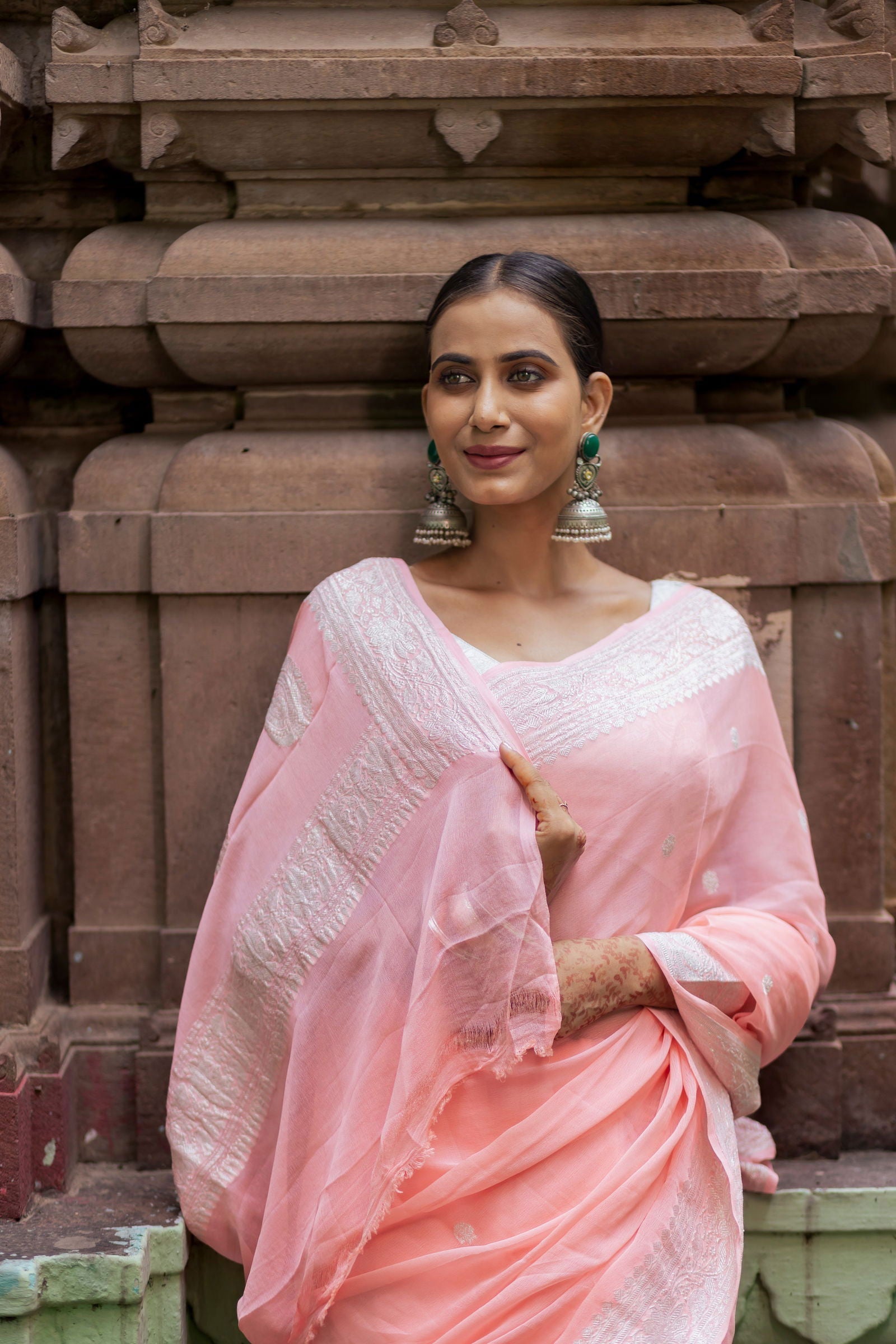 Handloom Peach Pure Khadi Chiffon Banarasi Saree - Mayrake.in