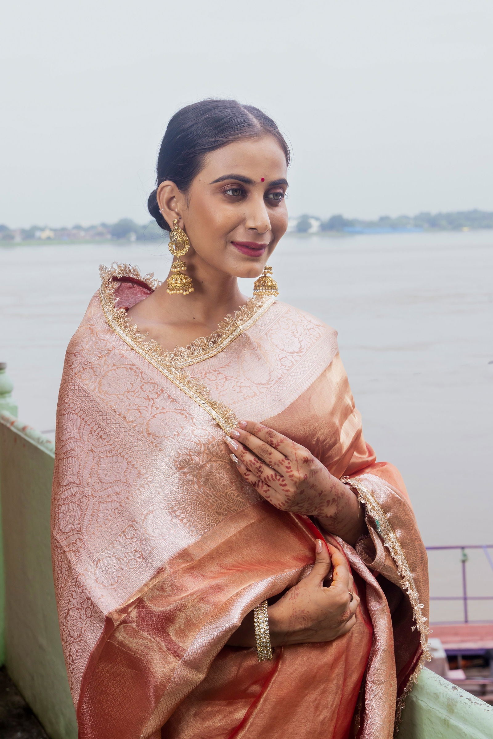 Handloom  Peach Pure Tissue Silk Banarsi Saree - Mayrake