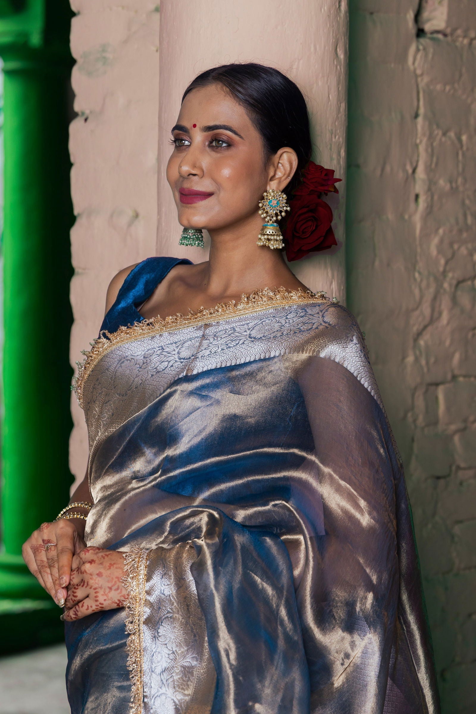 Handloom Peacock Blue Pure Katan Tissue Silk Banarasi Saree - Mayrake.in