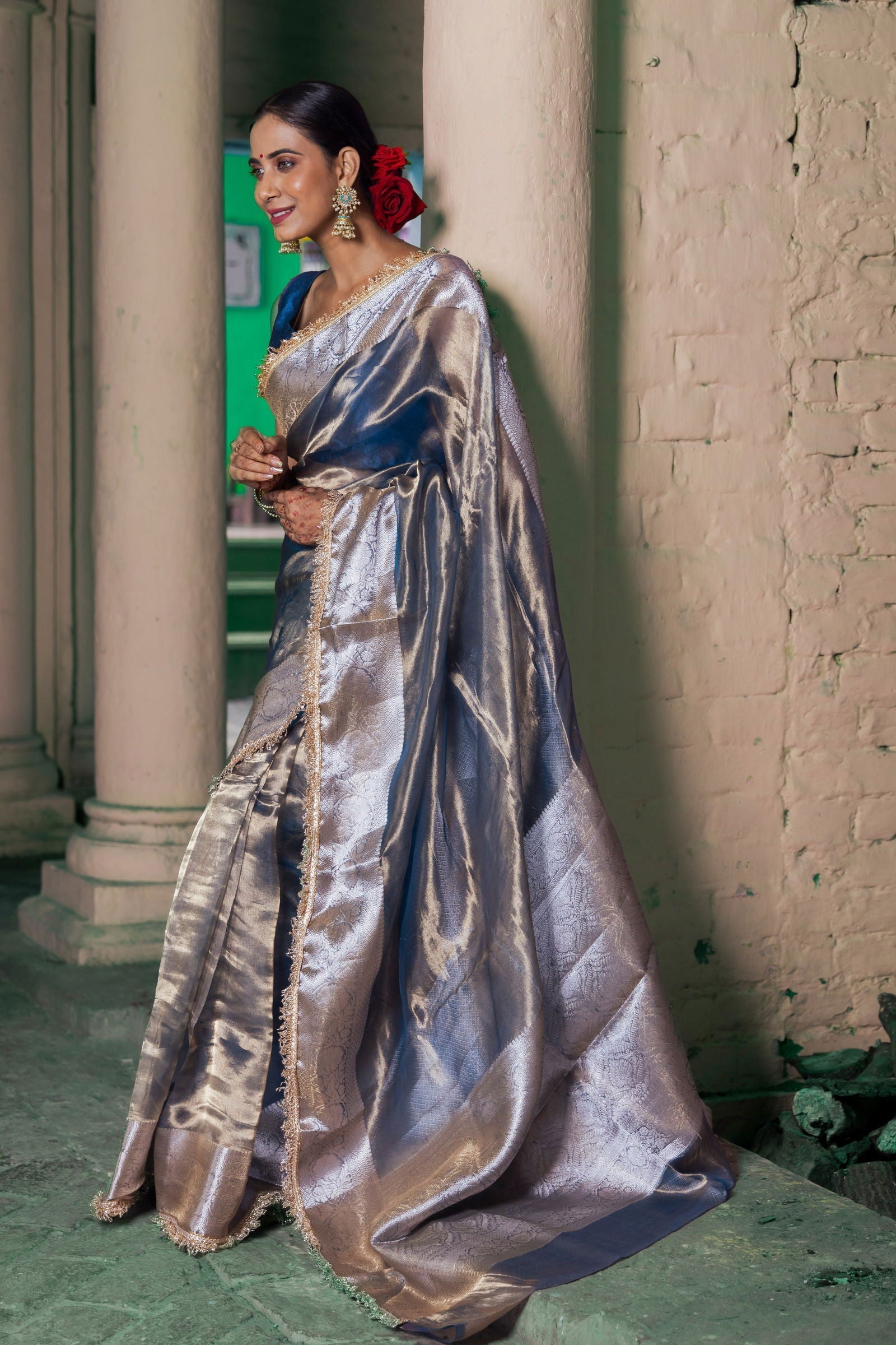 Handloom Peacock Blue Pure Katan Tissue Silk Banarasi Saree - Mayrake.in