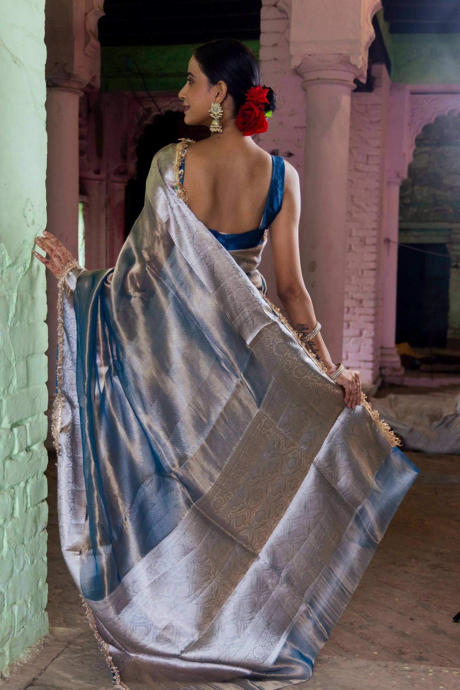 Handloom Peacock Blue Pure Katan Tissue Silk Banarasi Saree - Mayrake.in
