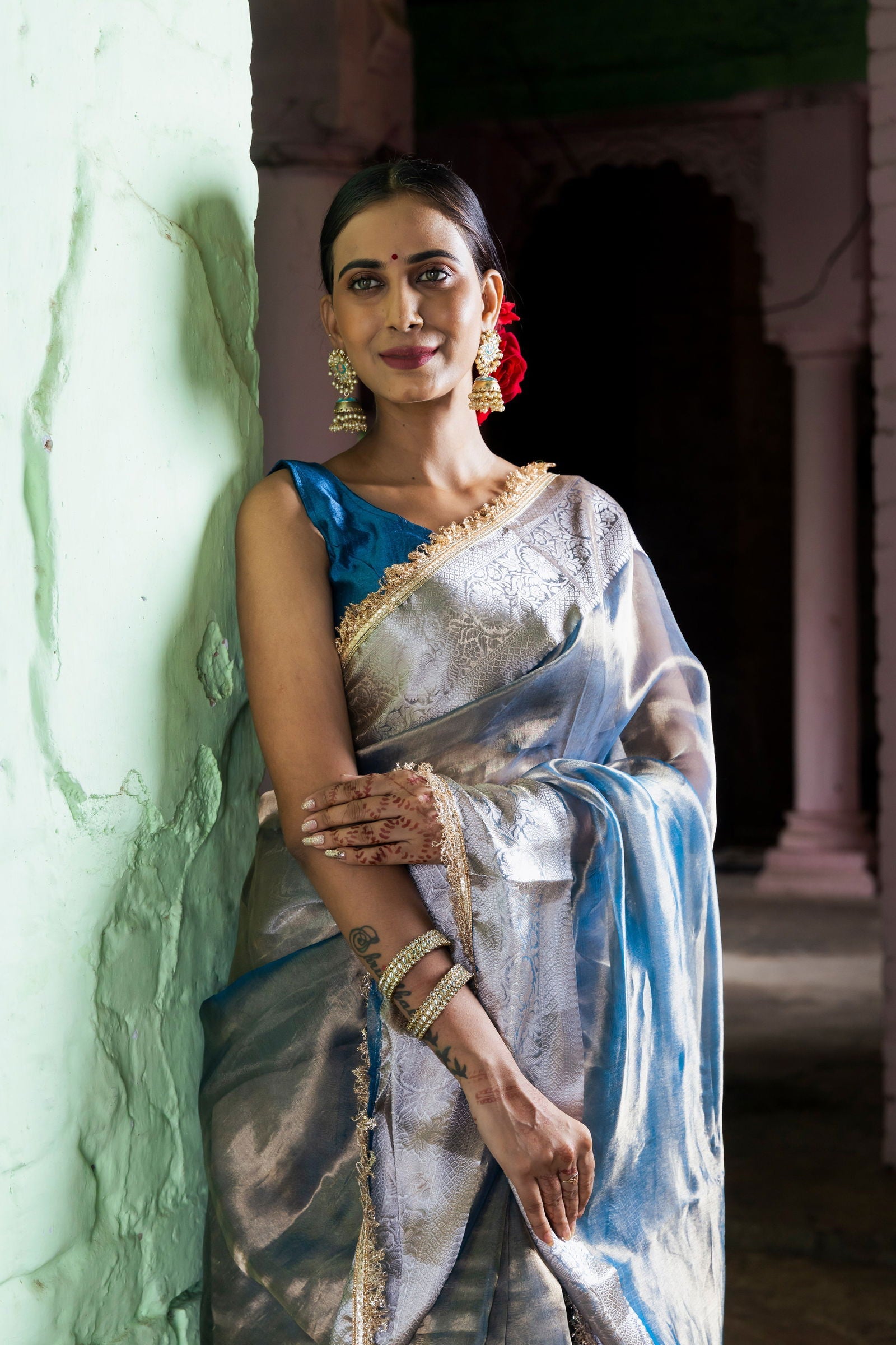 Handloom Peacock Blue Pure Katan Tissue Silk Banarsi Saree - Mayrake