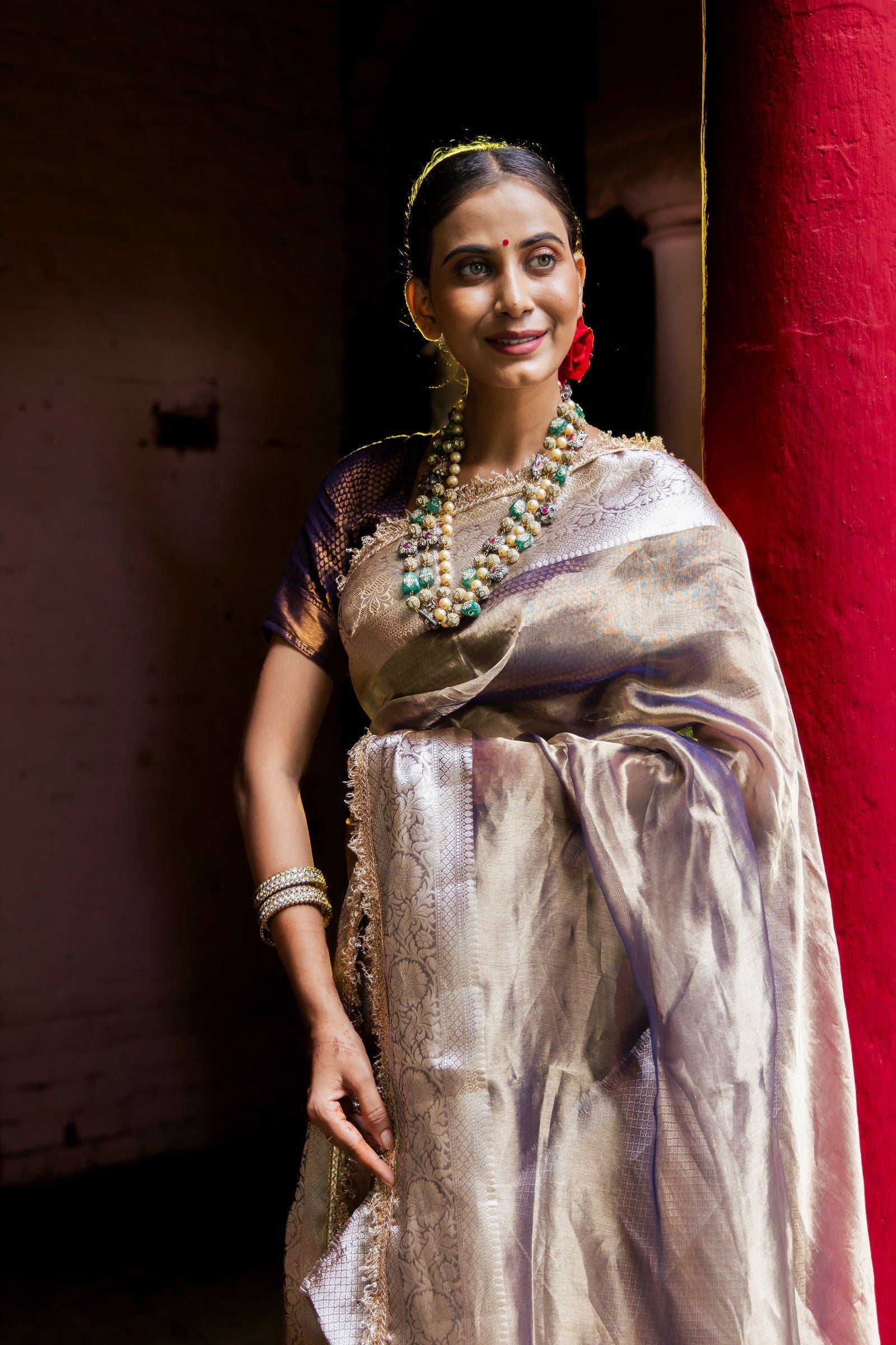 Handloom Peach Pure Katan Tissue Silk Banarasi Saree