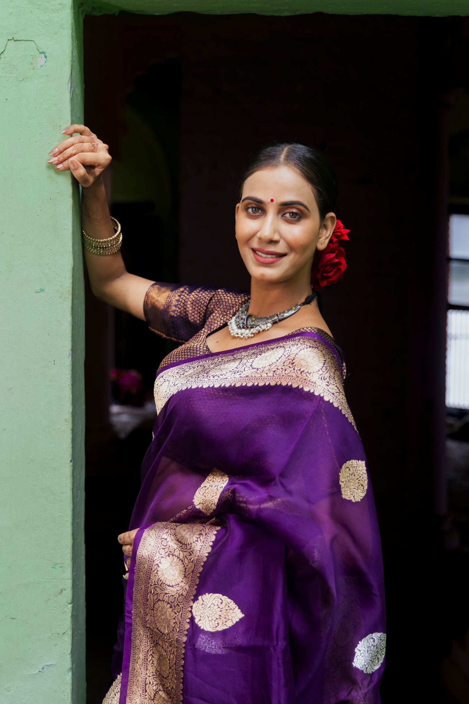 Handloom Purple Pure Kora Organza Banarasi Saree - Mayrake.in