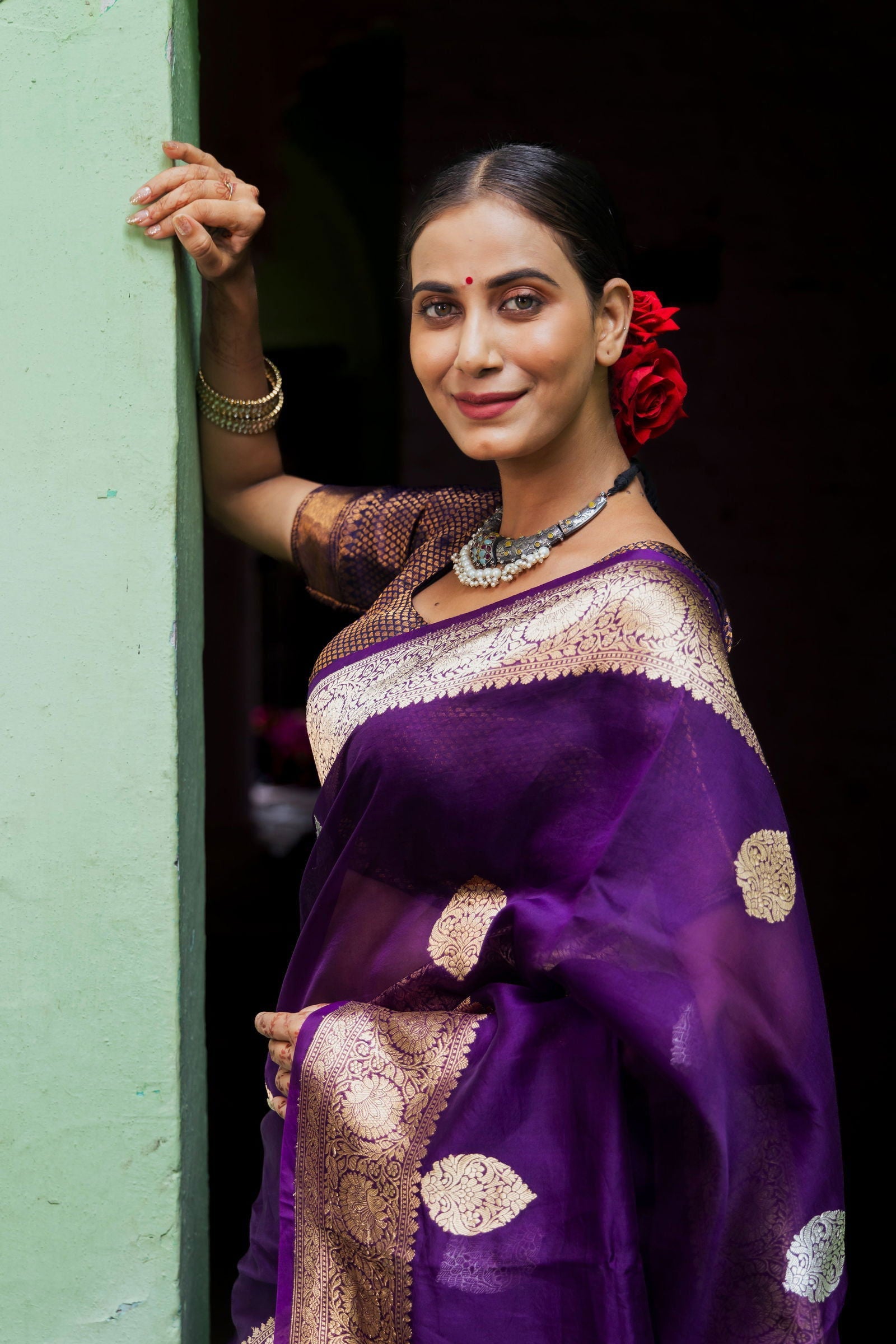 Handloom Purple Pure Kora Organza Banarasi Saree - Mayrake.in