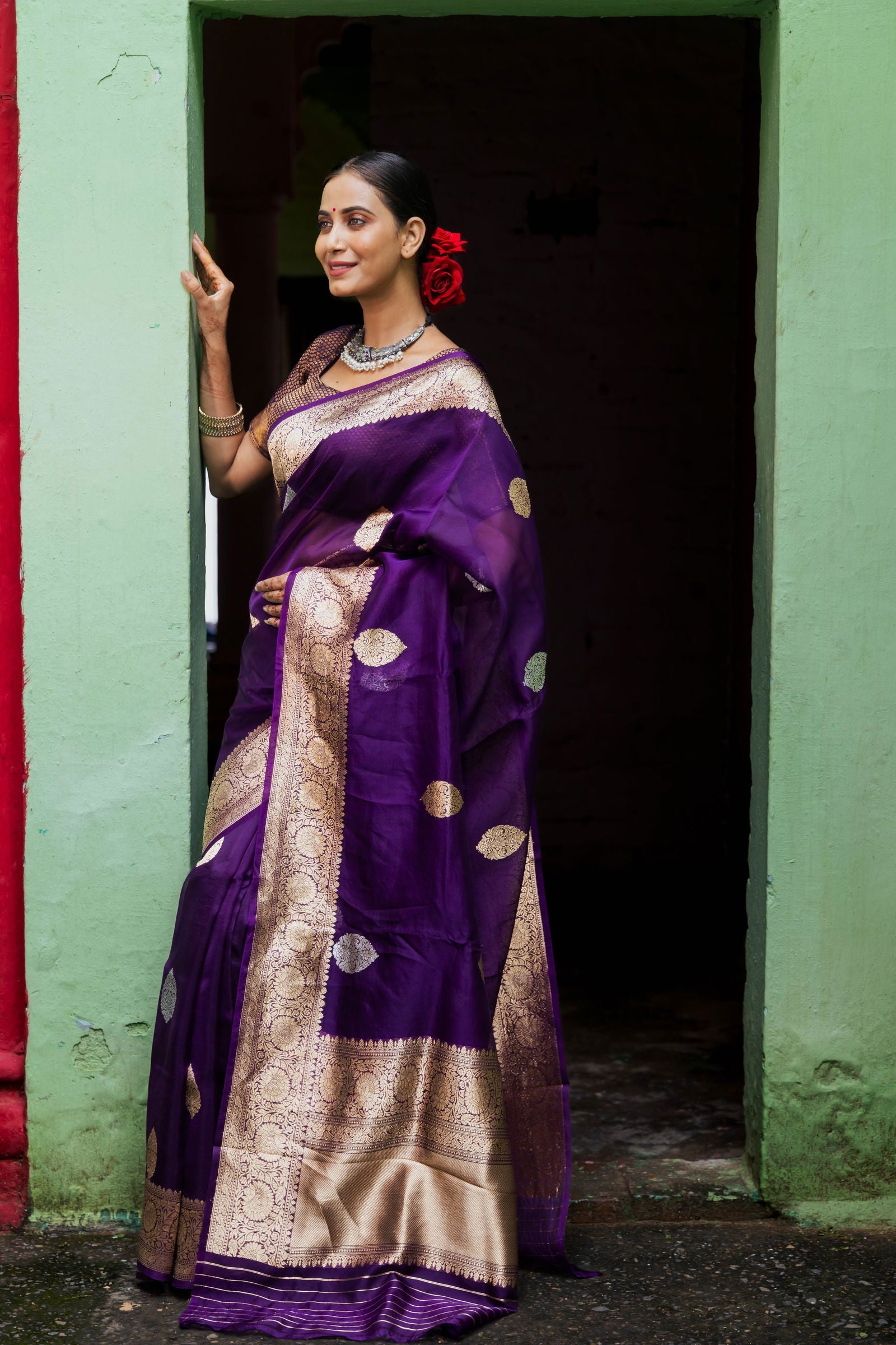 Handloom Purple  Pure Kora Organza Banarsi Saree - Mayrake