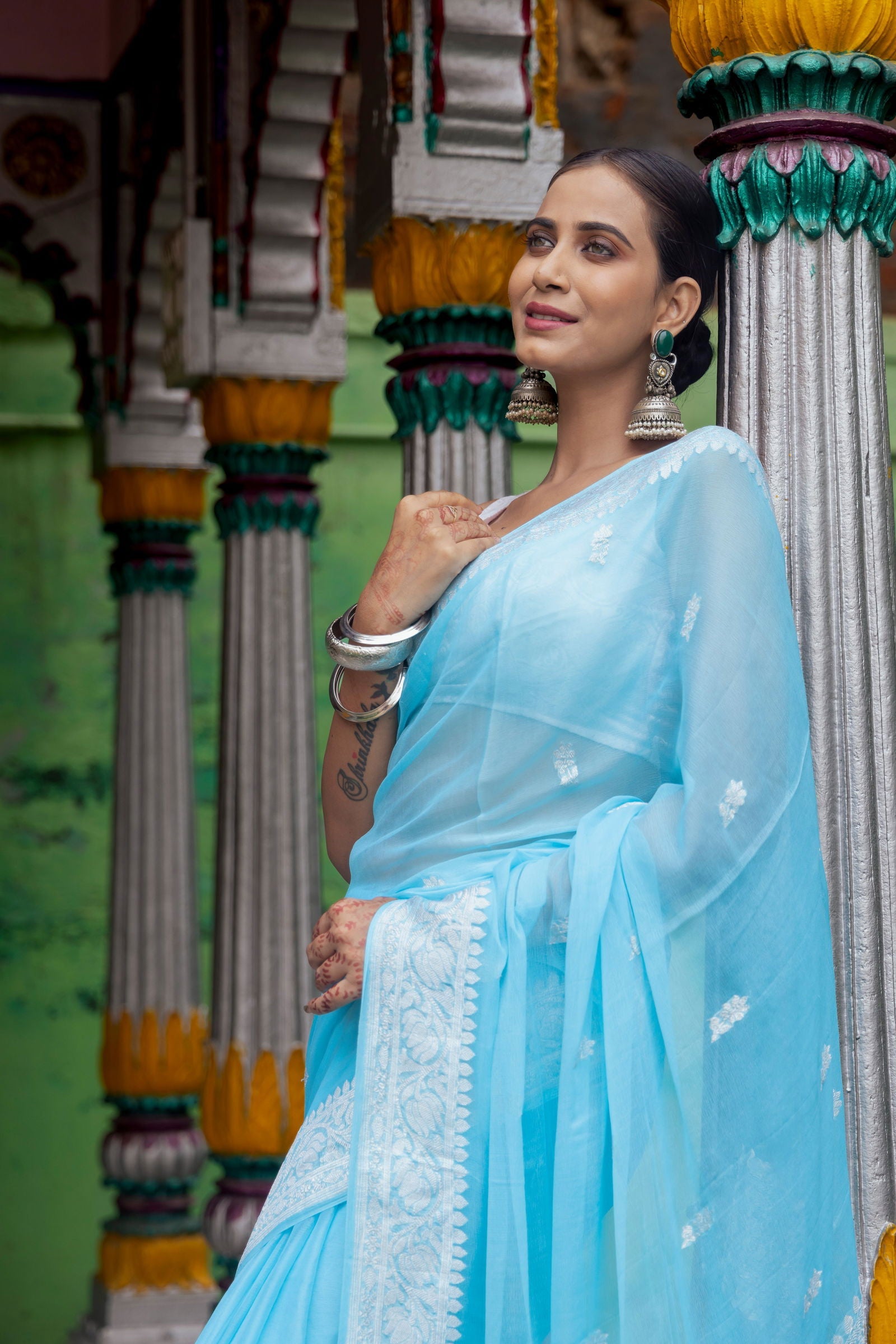 Handloom Sky Blue Pure Khaddi Chiffon Banarsi Saree - Mayrake