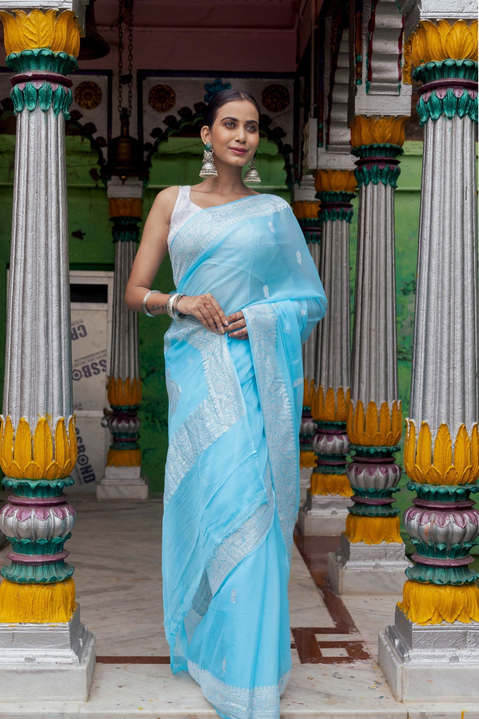 Handloom Sky Blue Pure Khadi Chiffon Banarasi Saree - Mayrake.in