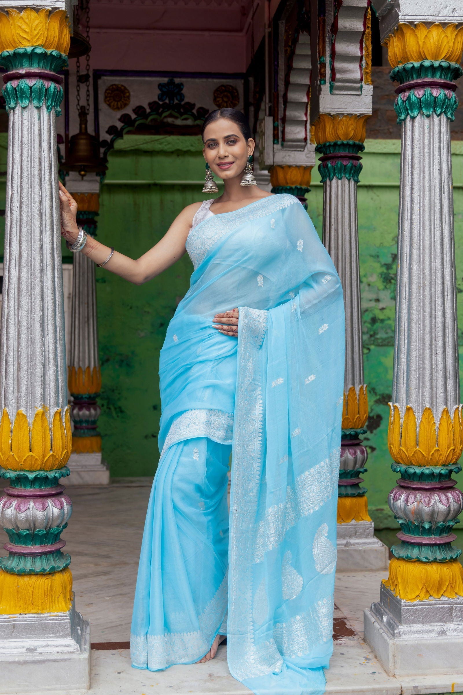 Handloom Sky Blue Pure Khadi Chiffon Banarasi Saree - Mayrake.in